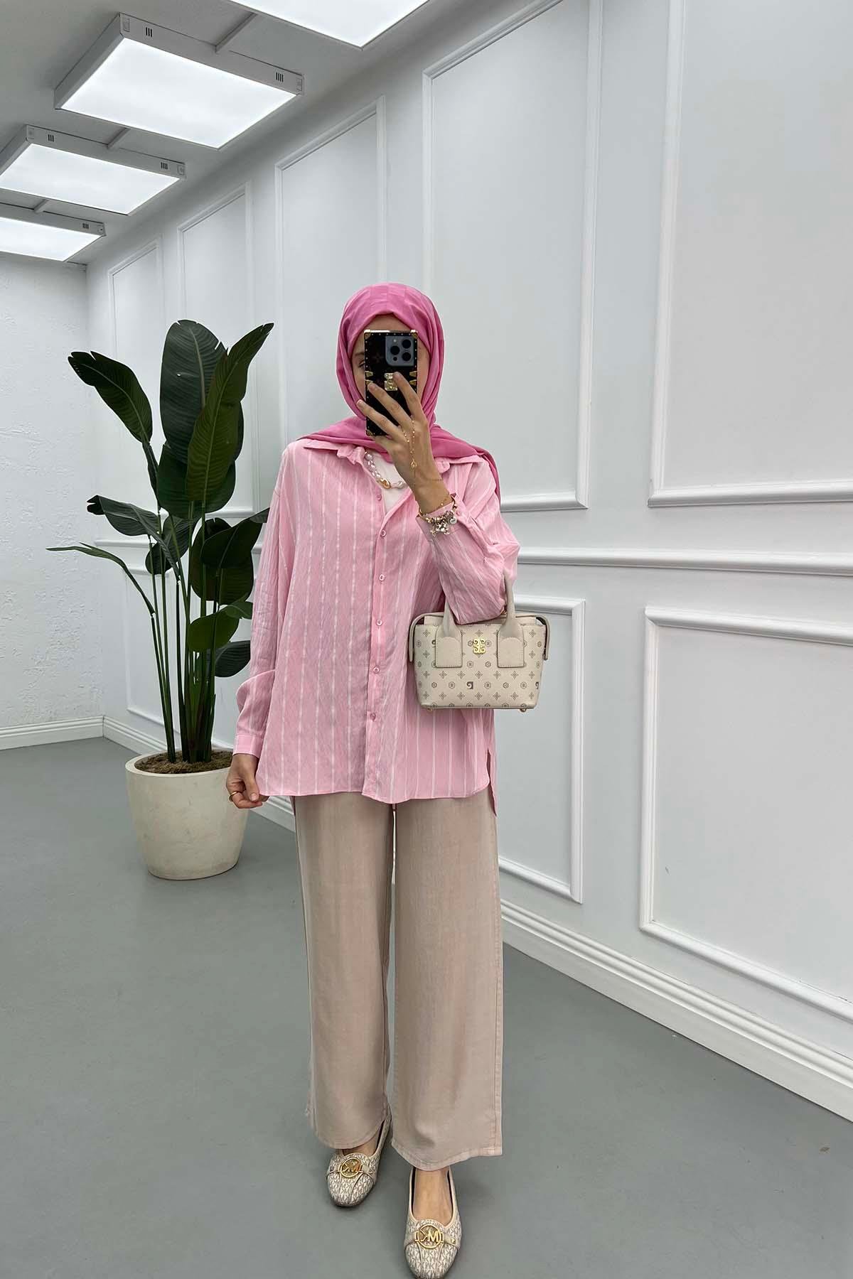 Çizgili Oversize Gömlek Pembe