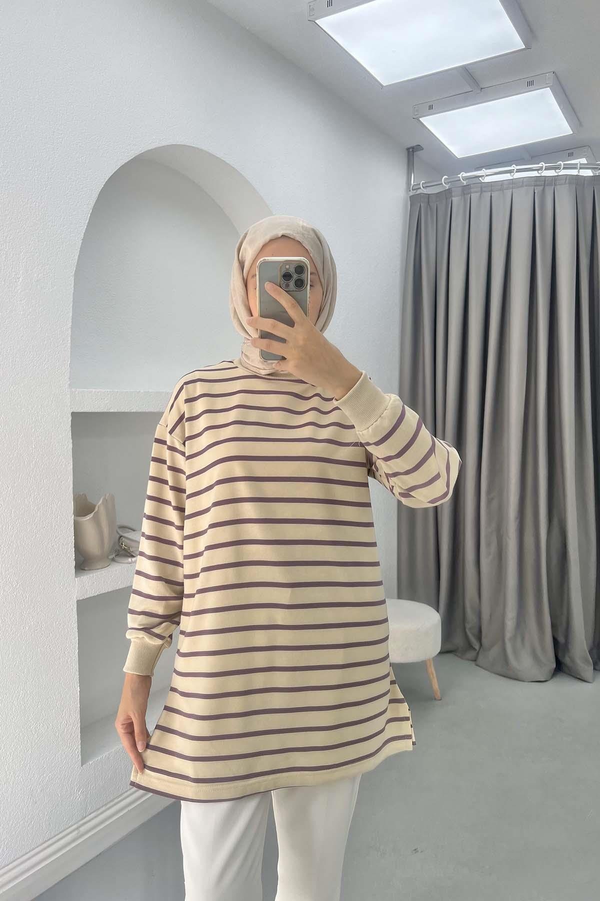 Çizgili Sweatshirt Mor