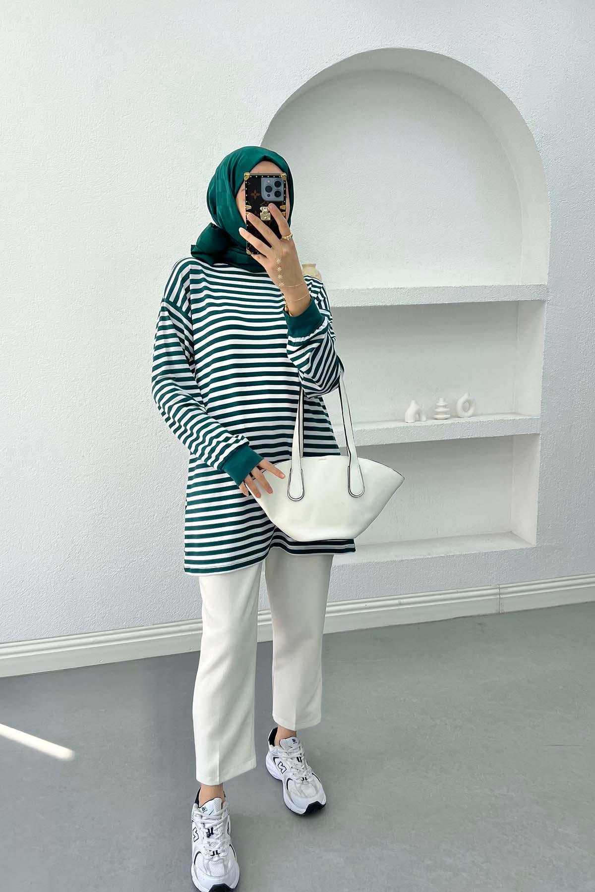 Çizgili Sweatshirt Zümrüt Yeşili