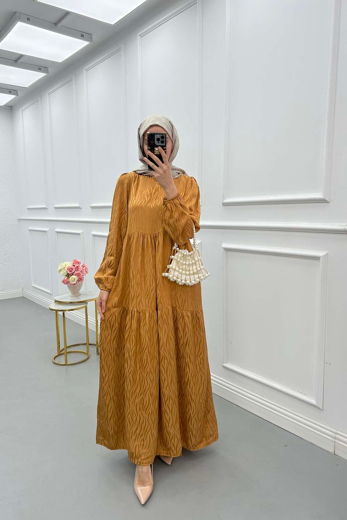 Dalga Desen Jakar Elbise Camel