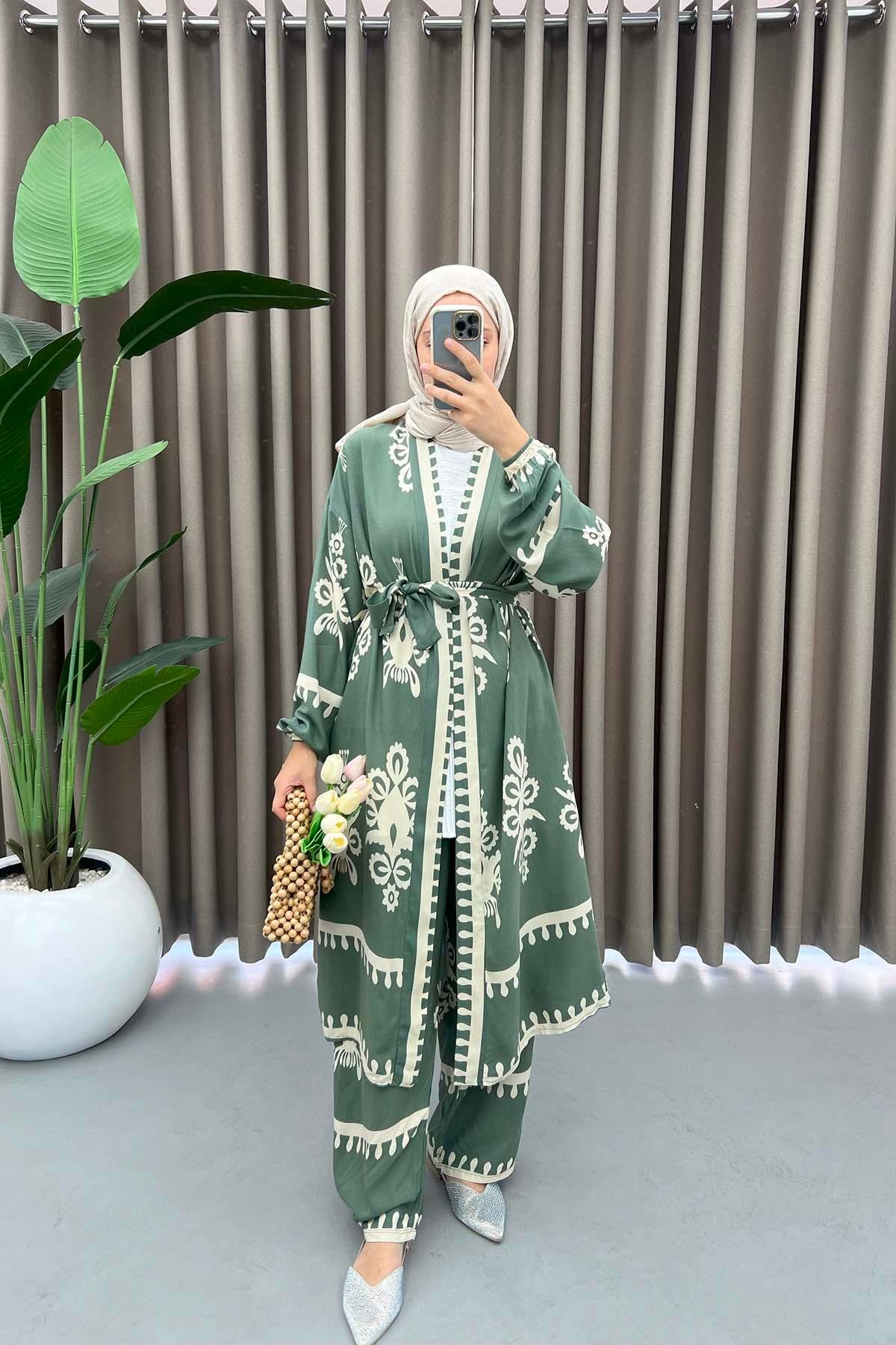 Desenli Kimono Takım Haki