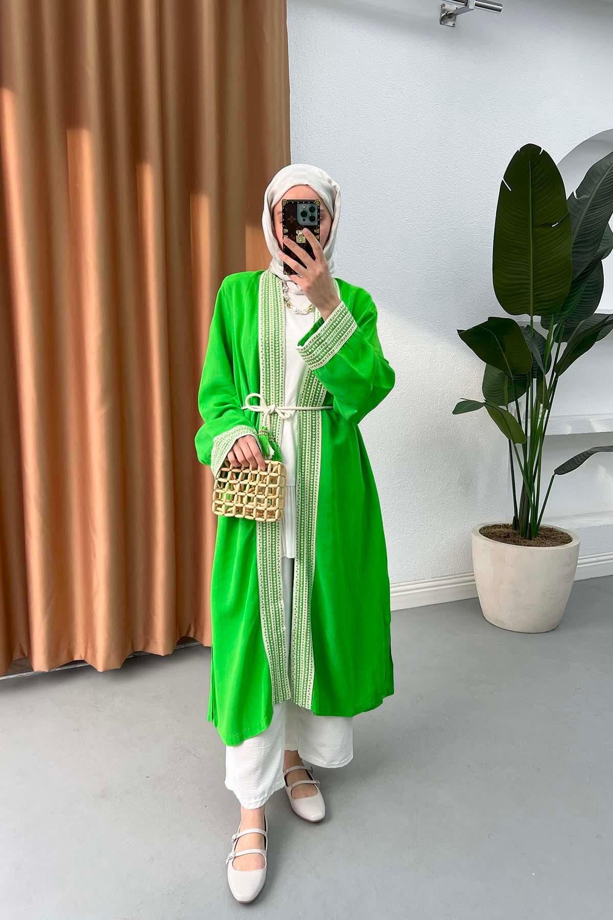 Etnik Şeritli Uzun Kimono Benetton Yeşil