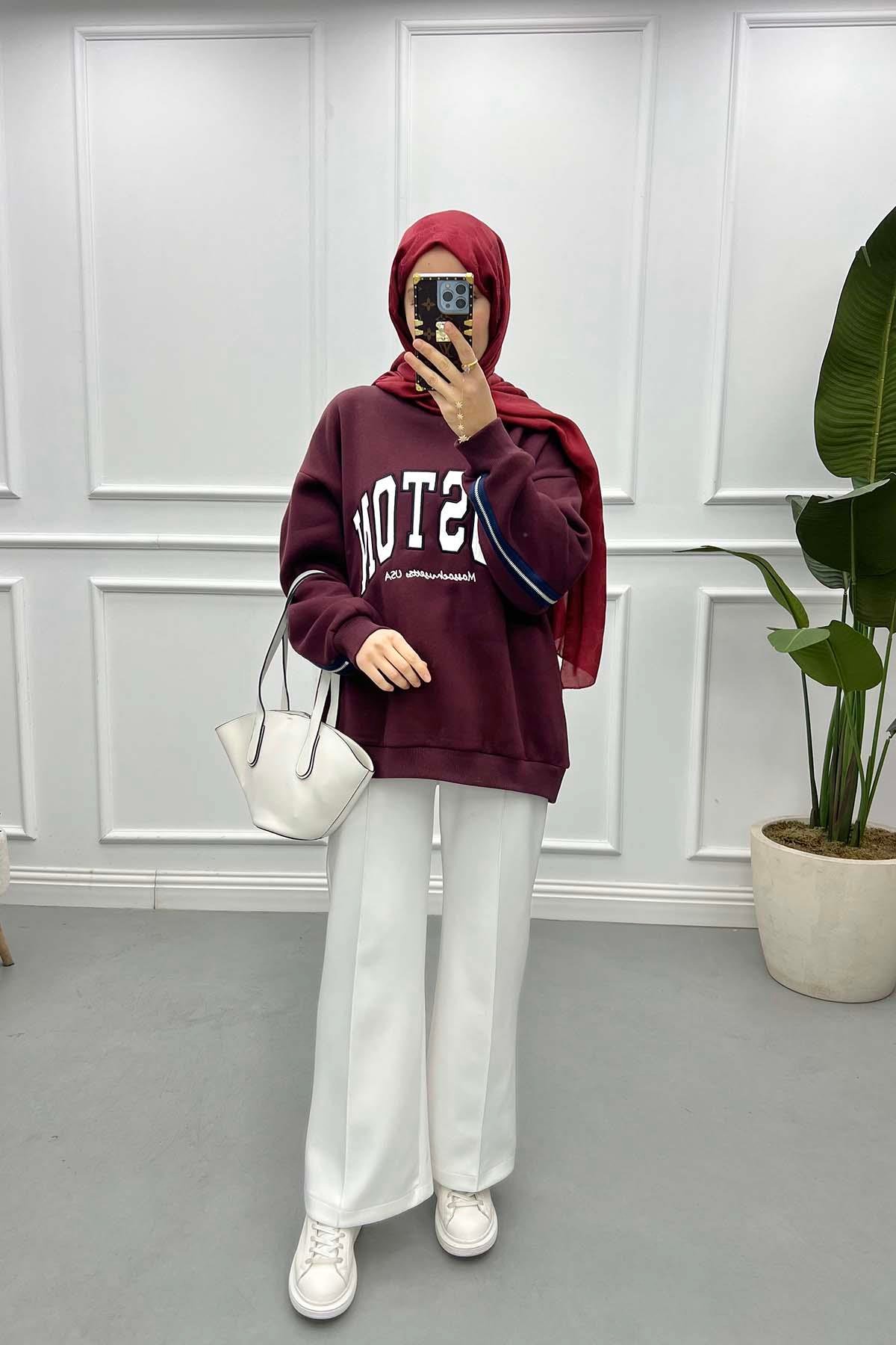 Fermuar Detaylı Üç İplik Sweatshirt Bordo