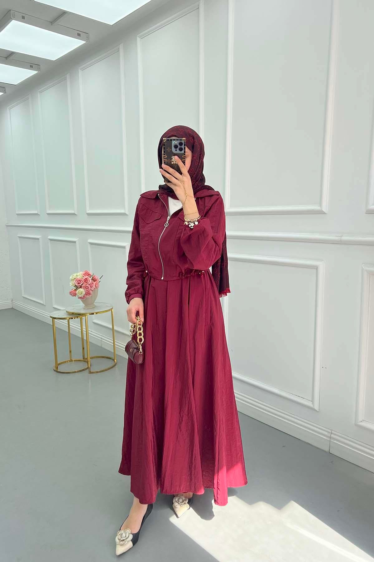Fermuarlı Çift Cepli Etekli Takım Bordo