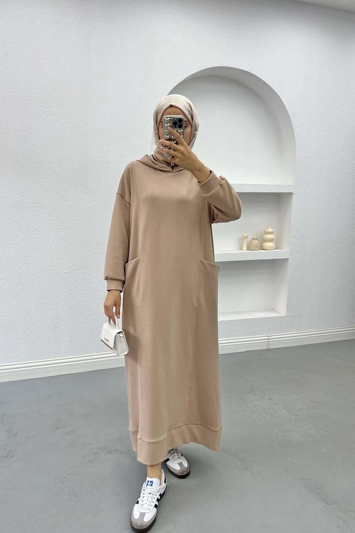 Kapüşonlu Sweat Elbise Bej