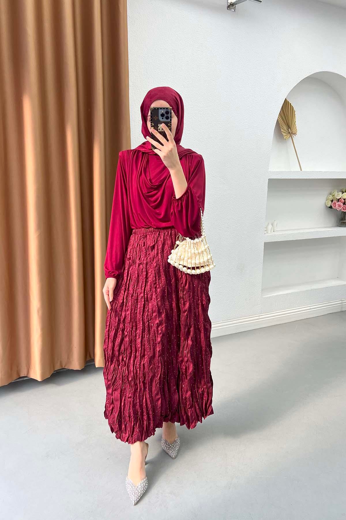 Küçük Taşlı Piliseli Etek Bordo