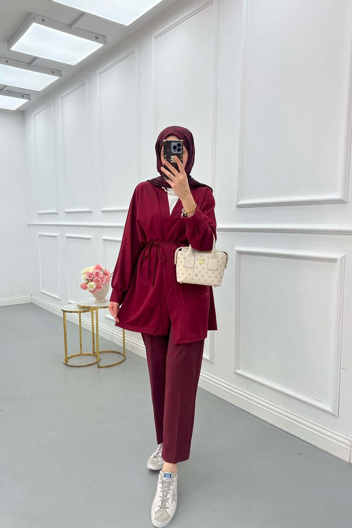 Kuşaklı Kimono Bordo