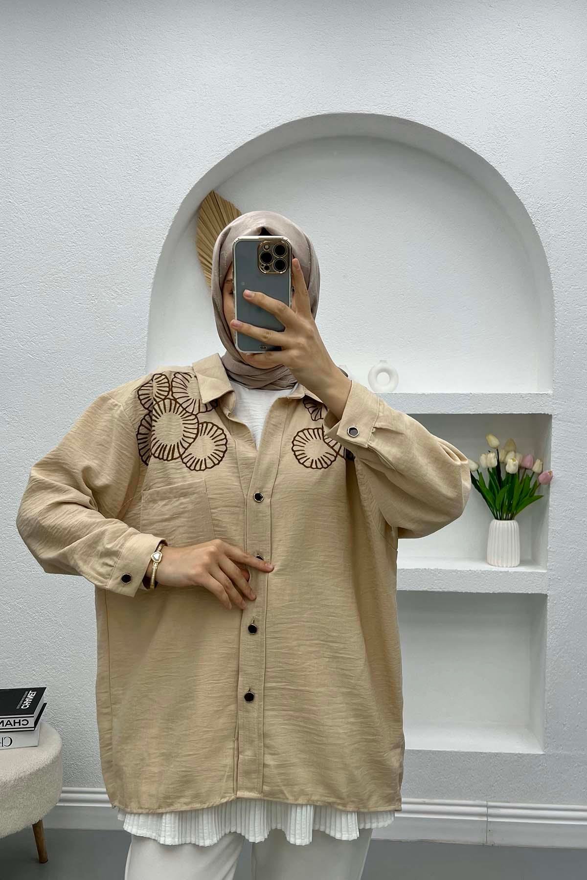 Nakışlı Oversize Gömlek Taş