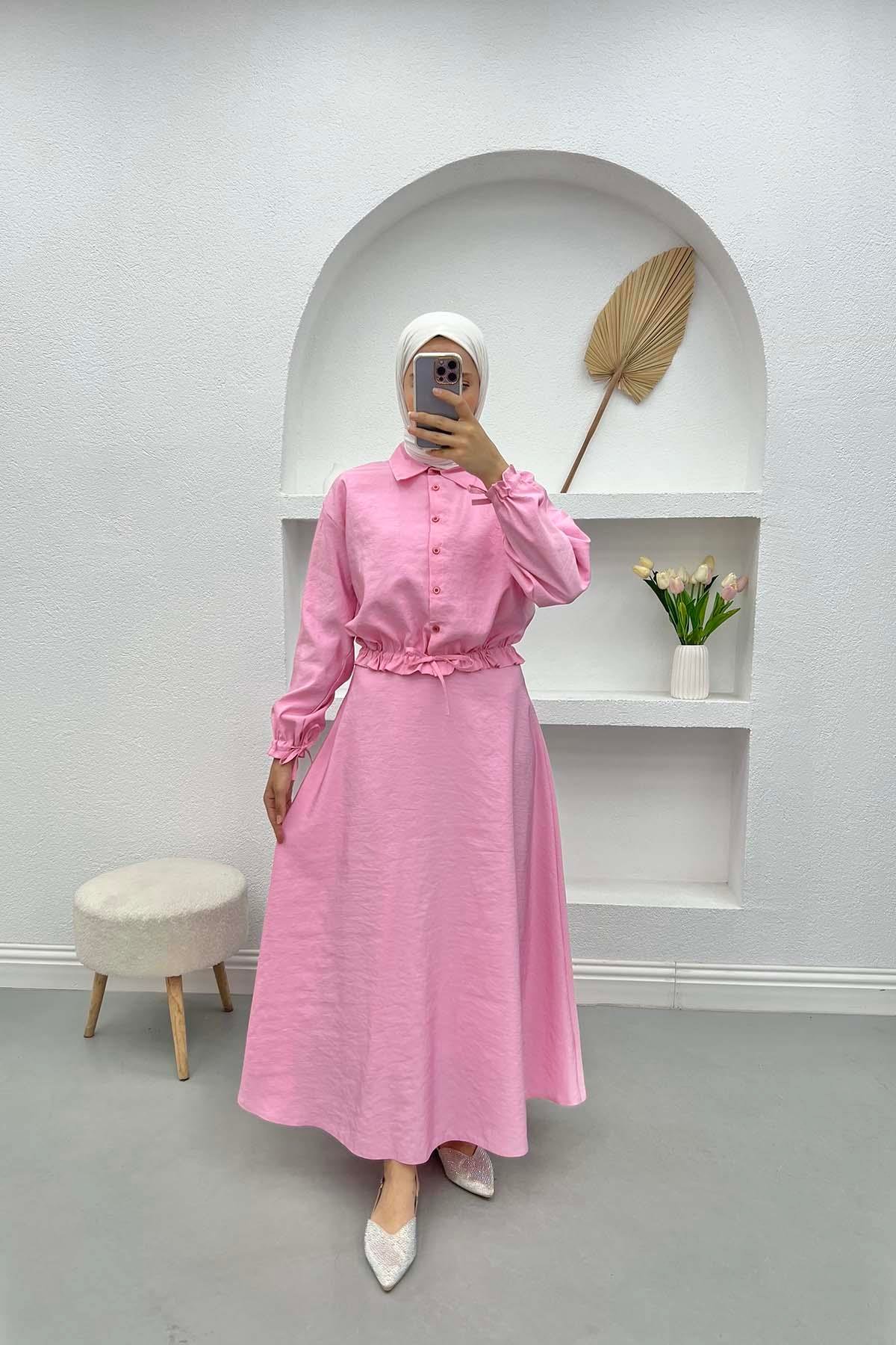 Paraşüt Crop Etek Takım Pembe