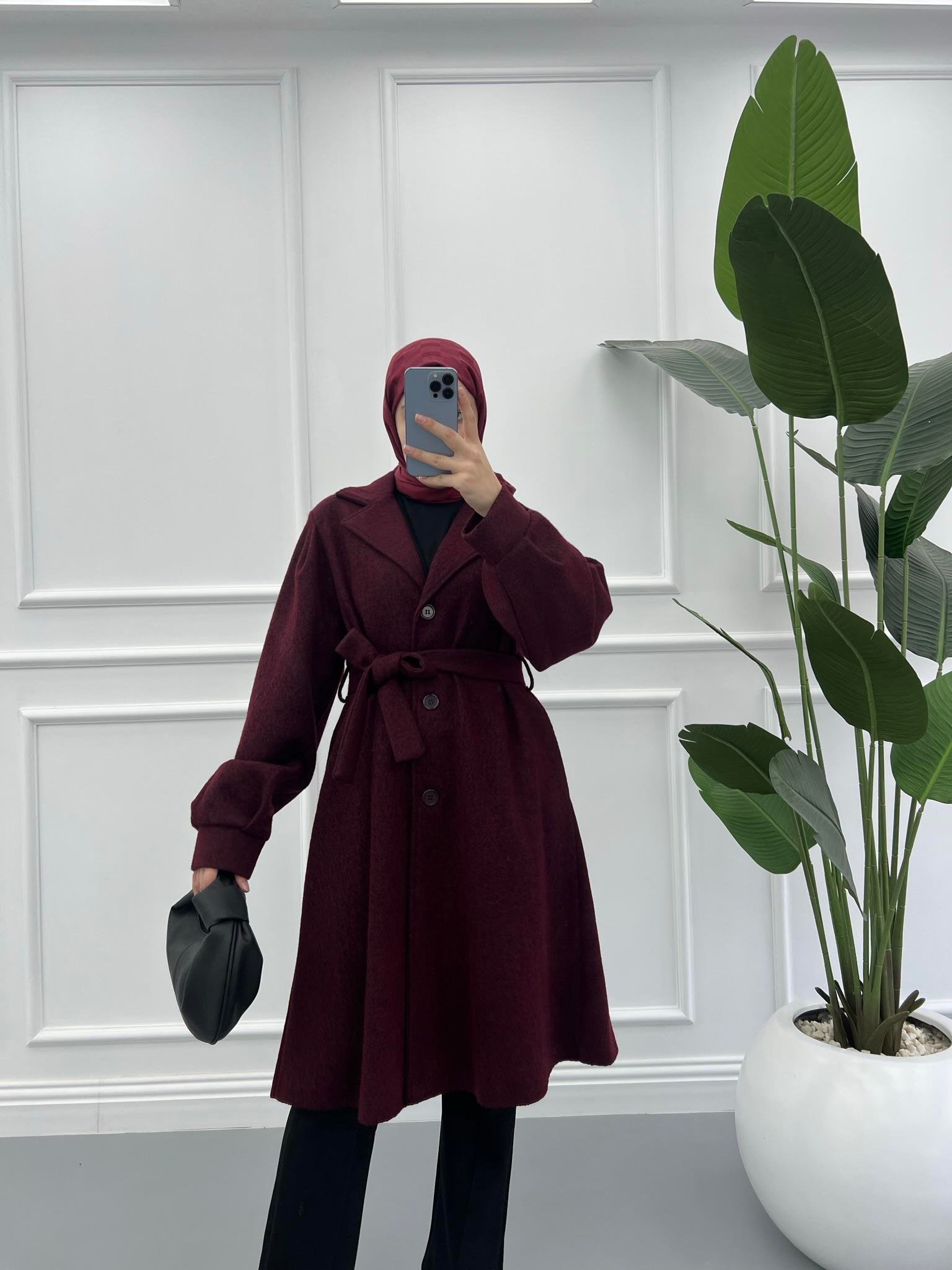 Premium Kırçıllı Balon Kol Kaşe Kaban Bordo