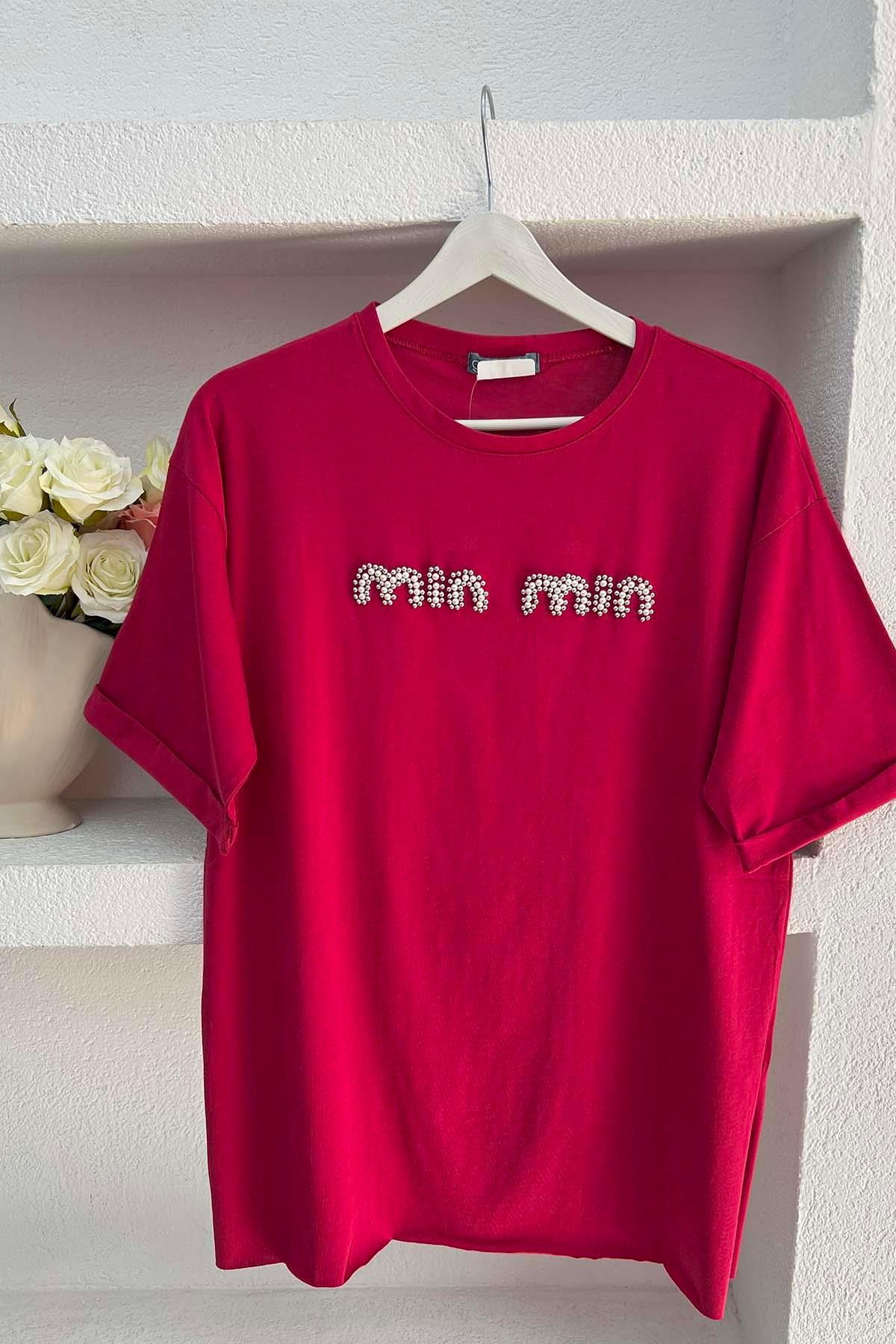 Taşlı Mın Tshirt Bordo
