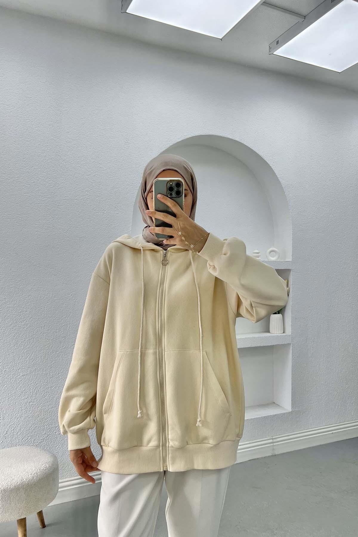 Üç İplik Kapüşonlu Sweatshirt Bej