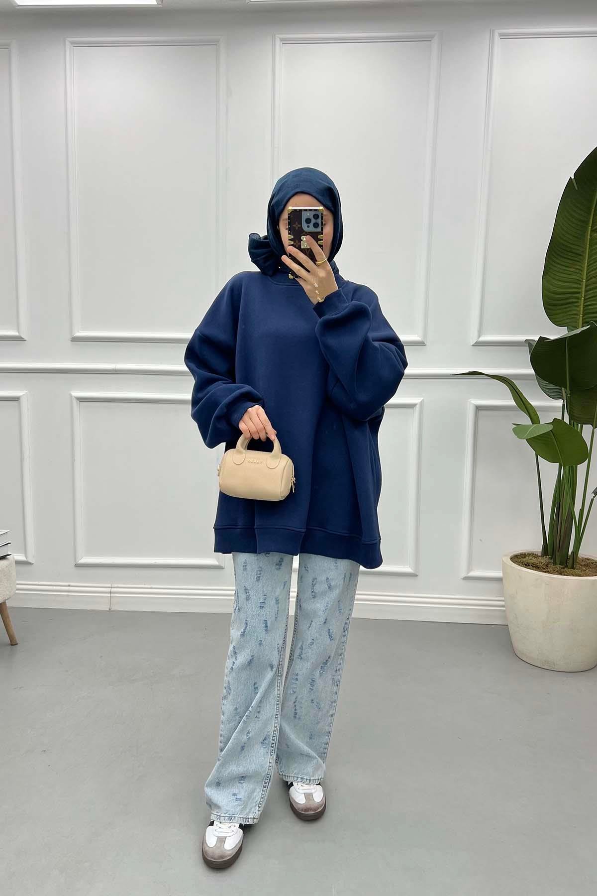 Üç İplik Oversize Sweatshirt Lacivert
