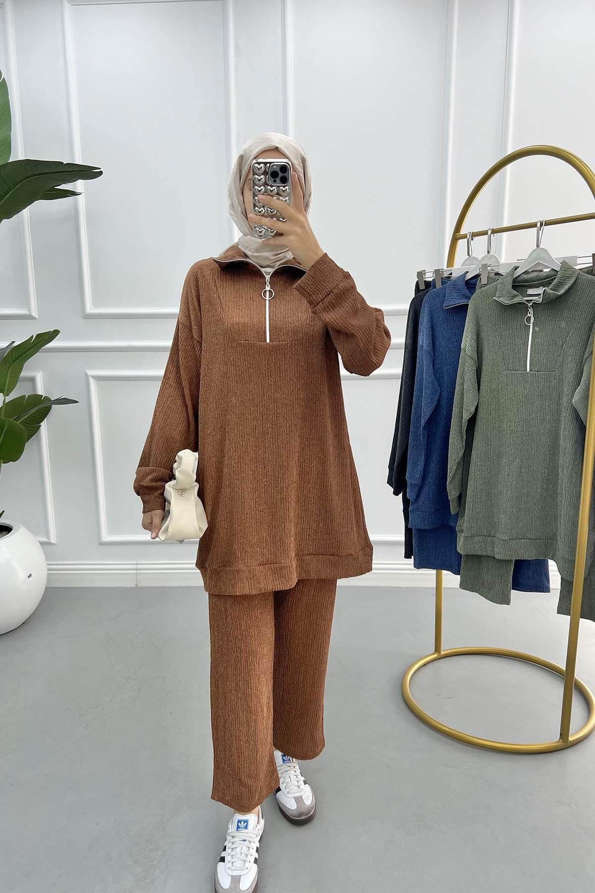 Yaka Fermuarlı Bürümcük Takım Kahve