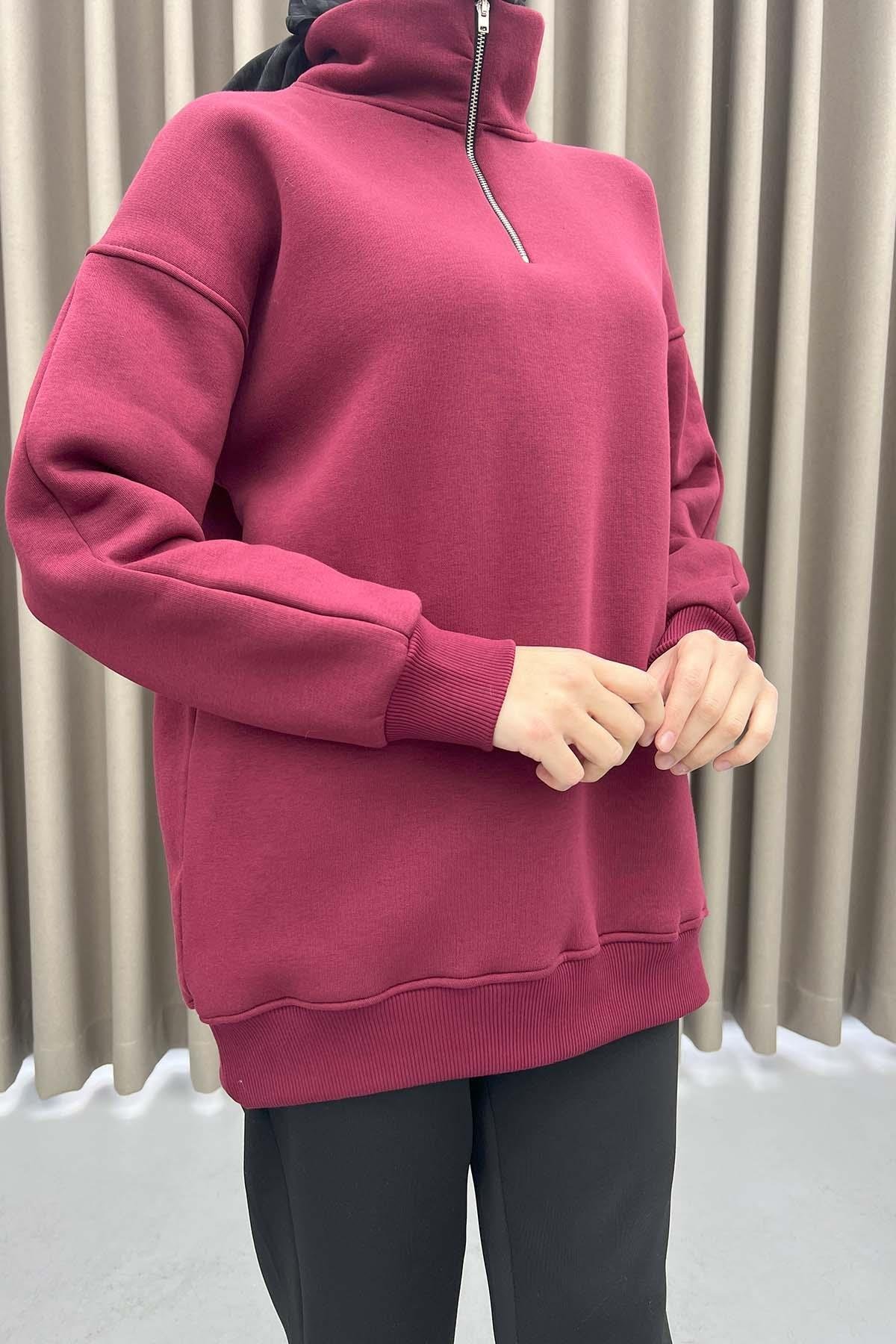 Yaka Fermuarlı Sweatshirt Bordo