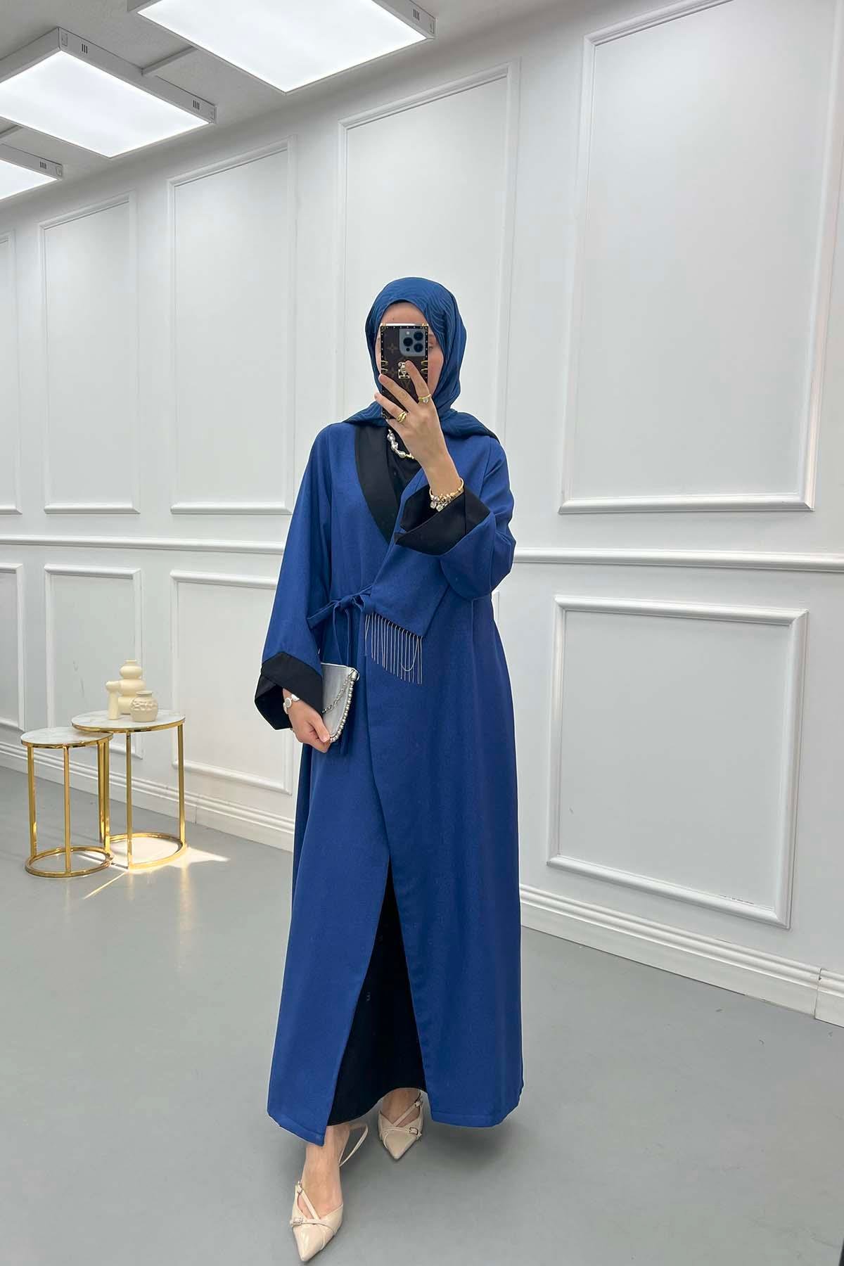 Zincirli Renk Bloklu Abaya Lacivert