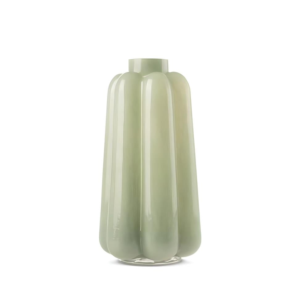 Nervürlü Desenli Soluk Yeşil Cam Vazo-Green Glass Vase - Stylish and Modern  Decoration Item
