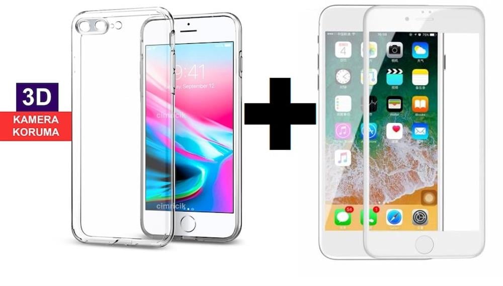 Apple Iphone 6/6S Beyaz Tam Kaplayan Kırılmaz Cam + Kamera Korumalı Şeffaf  Kılıf - Go Aksesuar - Telefon Kılıfları ve Aksesuarları