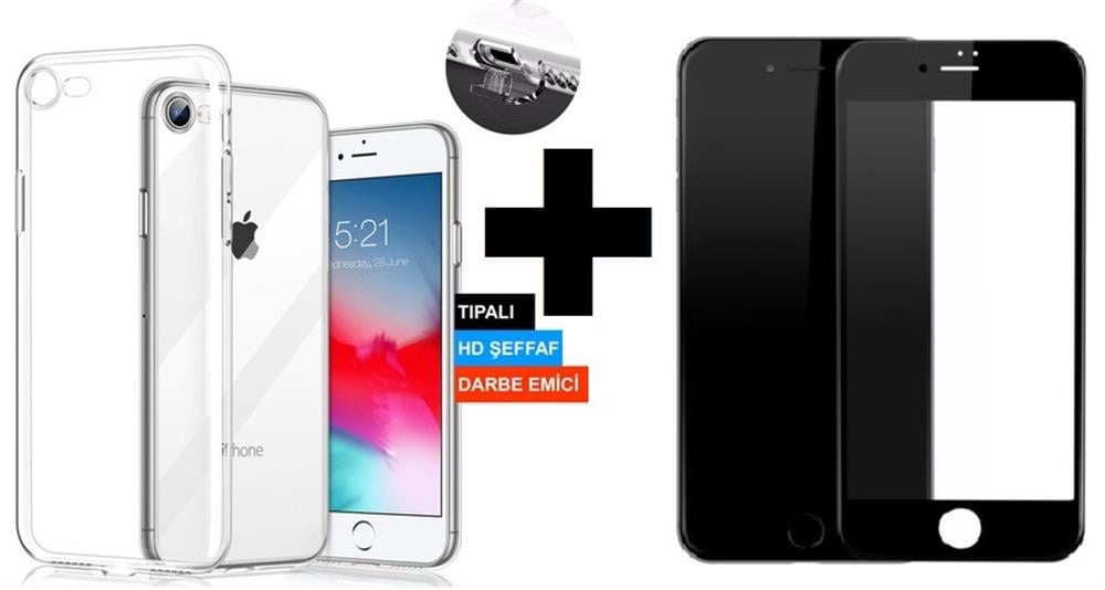 Apple Iphone 7 Plus Siyah Tam Kaplayan Kırılmaz Cam + Kamera Korumalı  Şeffaf Kılıf - Go Aksesuar - Telefon Kılıfları ve Aksesuarları