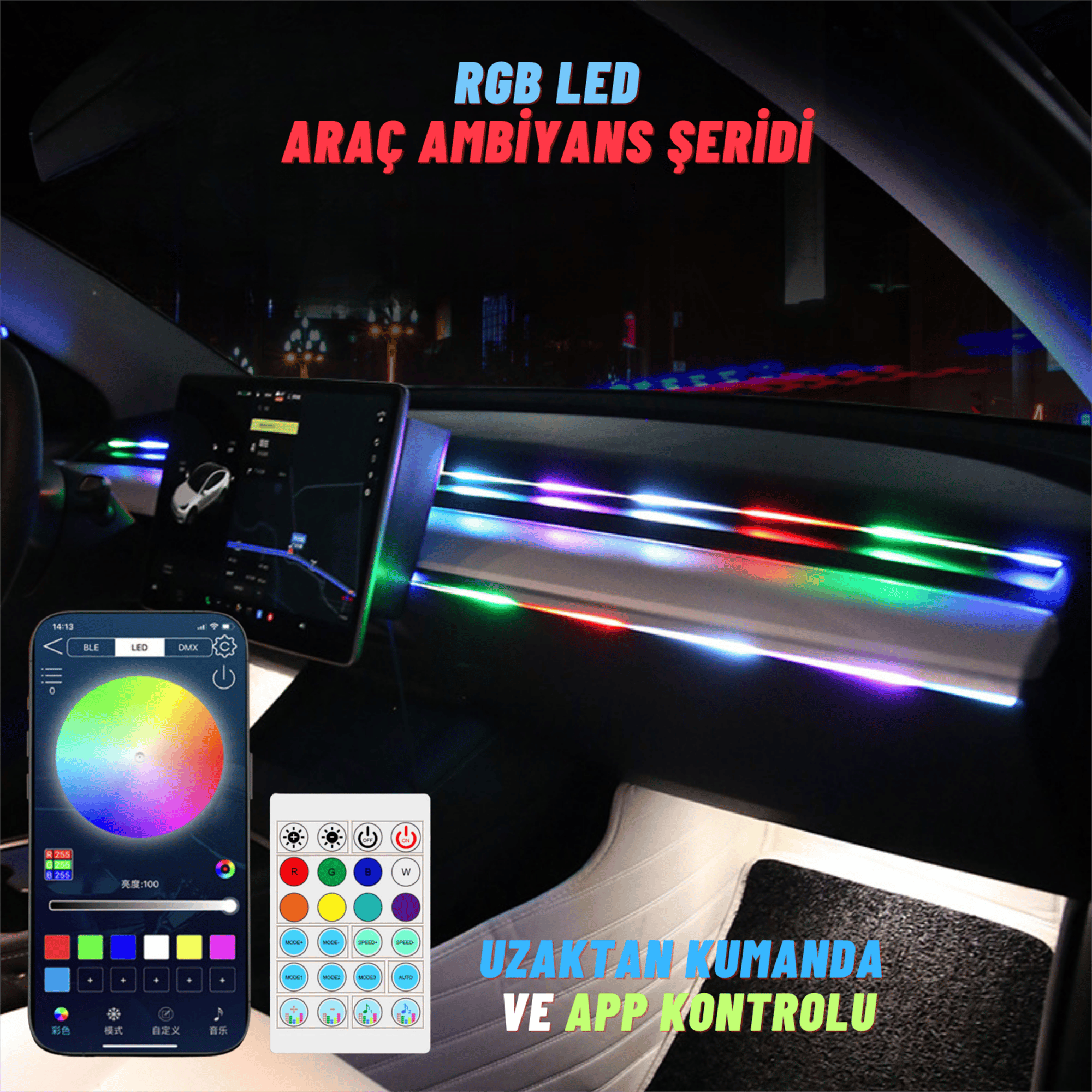 Araç İçi Torpido RGB Kayar Led Şerit 64 Farklı Renk Kumanda Ve APP  Kontrollü 110 Cm