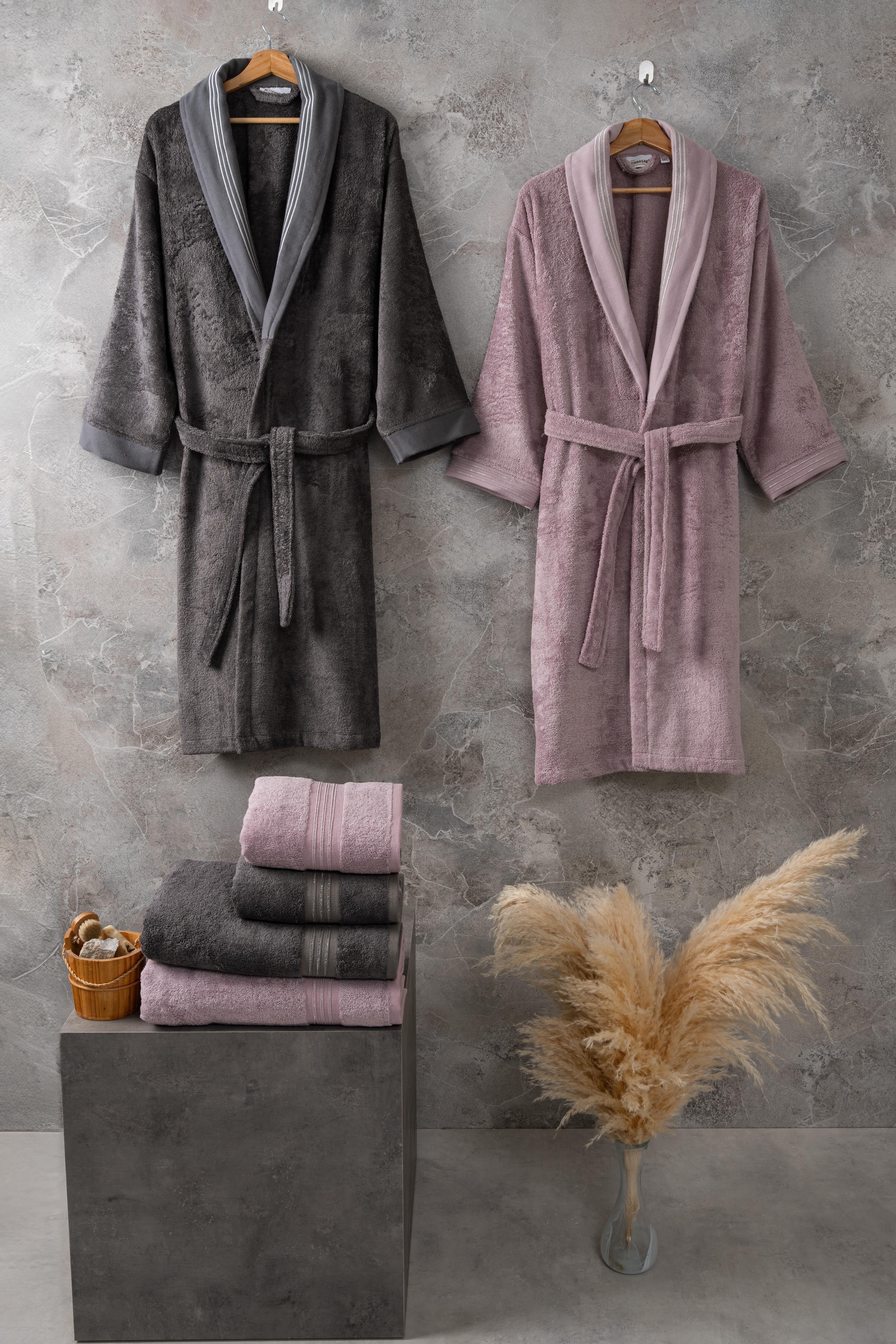Flame Gris-Plum Bambu Pamuk Aile Bornoz Seti