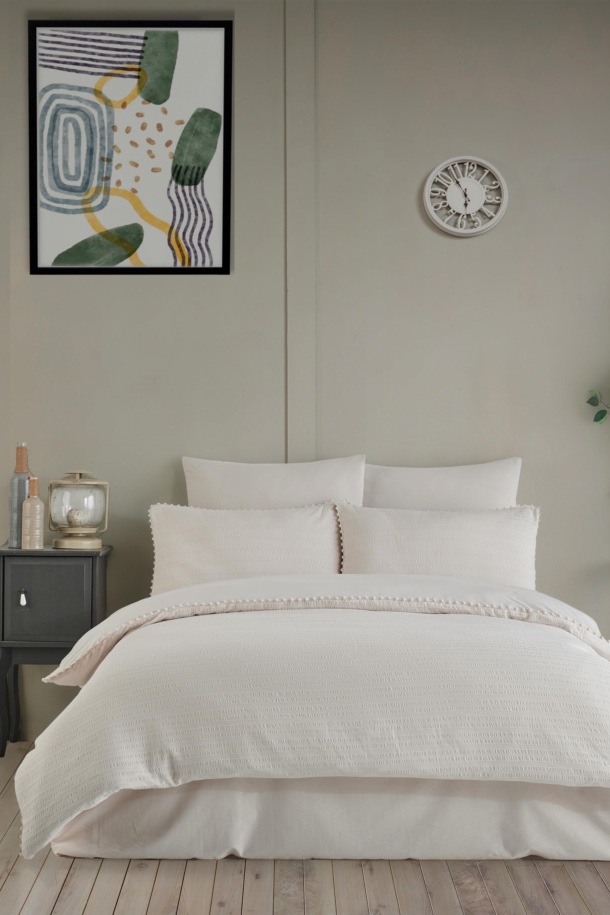 Emboss Ivory Çift Kişilik Saten Nevresim Takımı