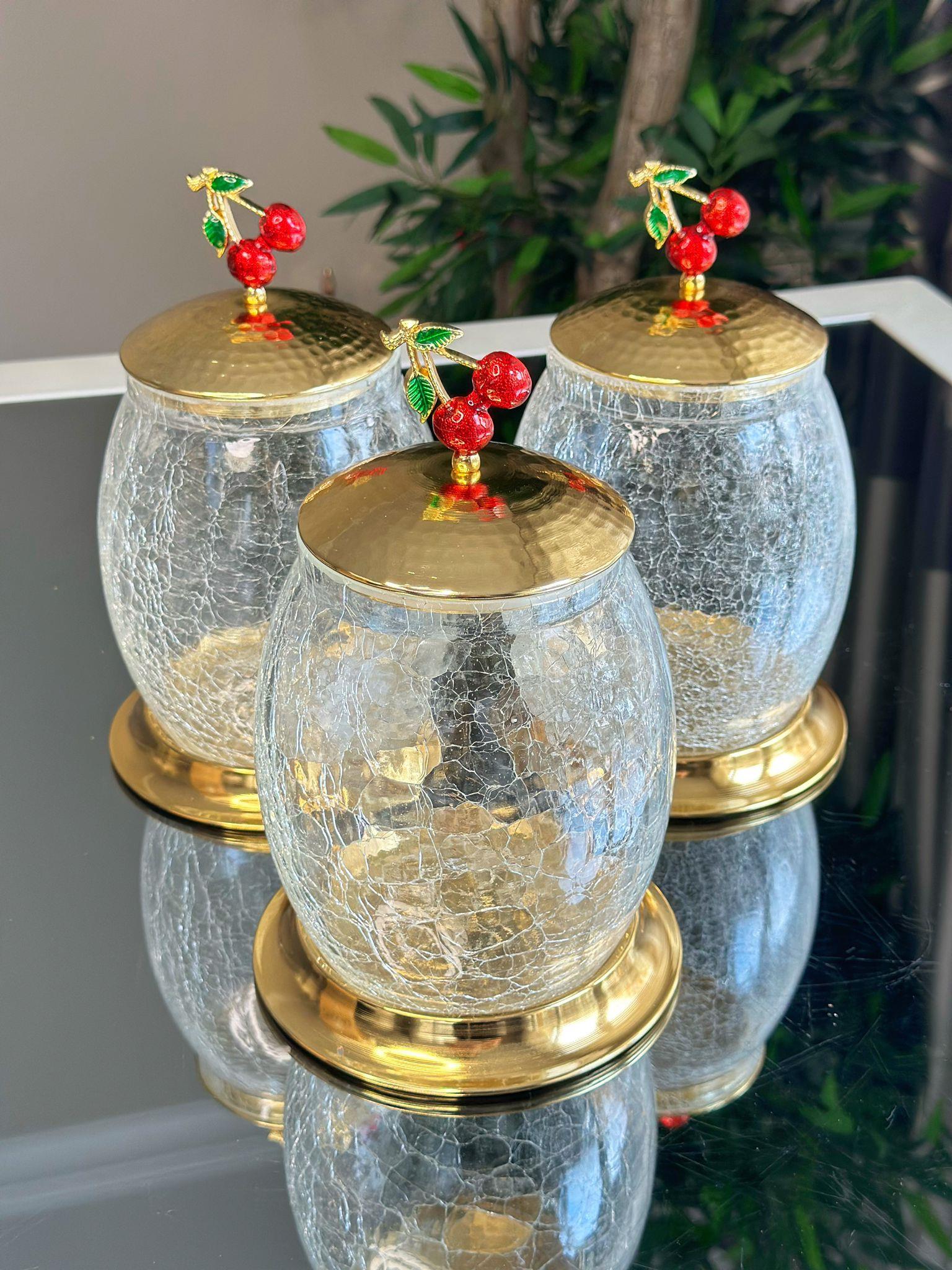 3 Lü Metal Kiraz Detaylı Gold Kavanoz Set 