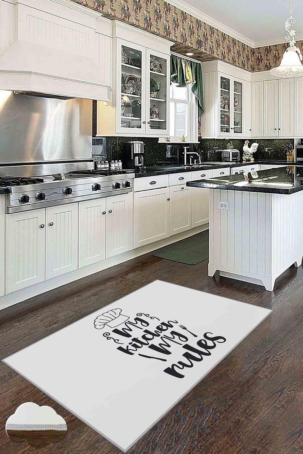 Dekoratif Kaymaz Taban Aşçı Desenli Özel Tasarım, İnce, Yıkanabilir Mutfak  Halısı WOOKECE171 - Beyaz
