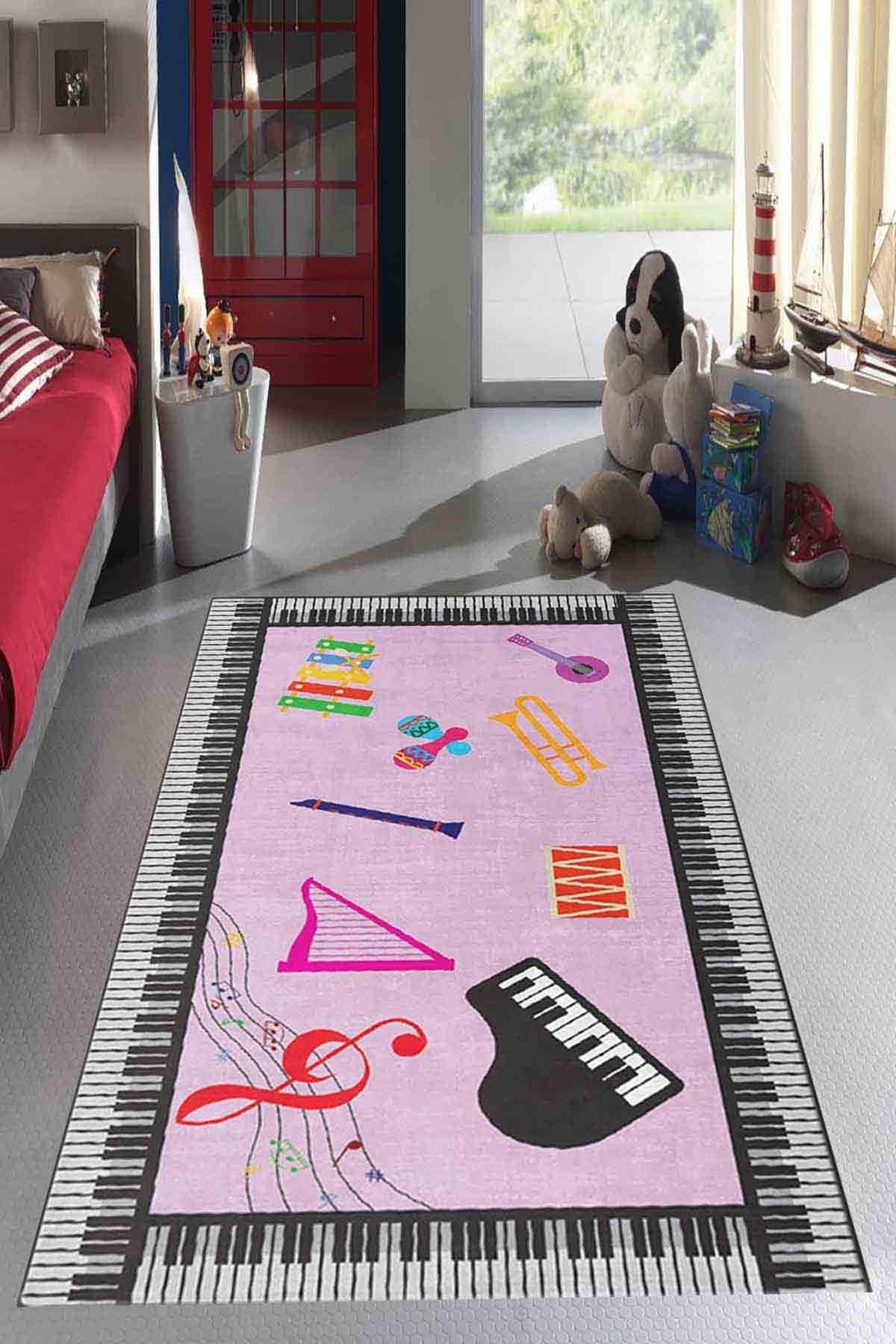 Dekoratif Kaymaz Taban Dikdörtgen piyano desenli notalı siyah beyaz Çocuk  Halısı