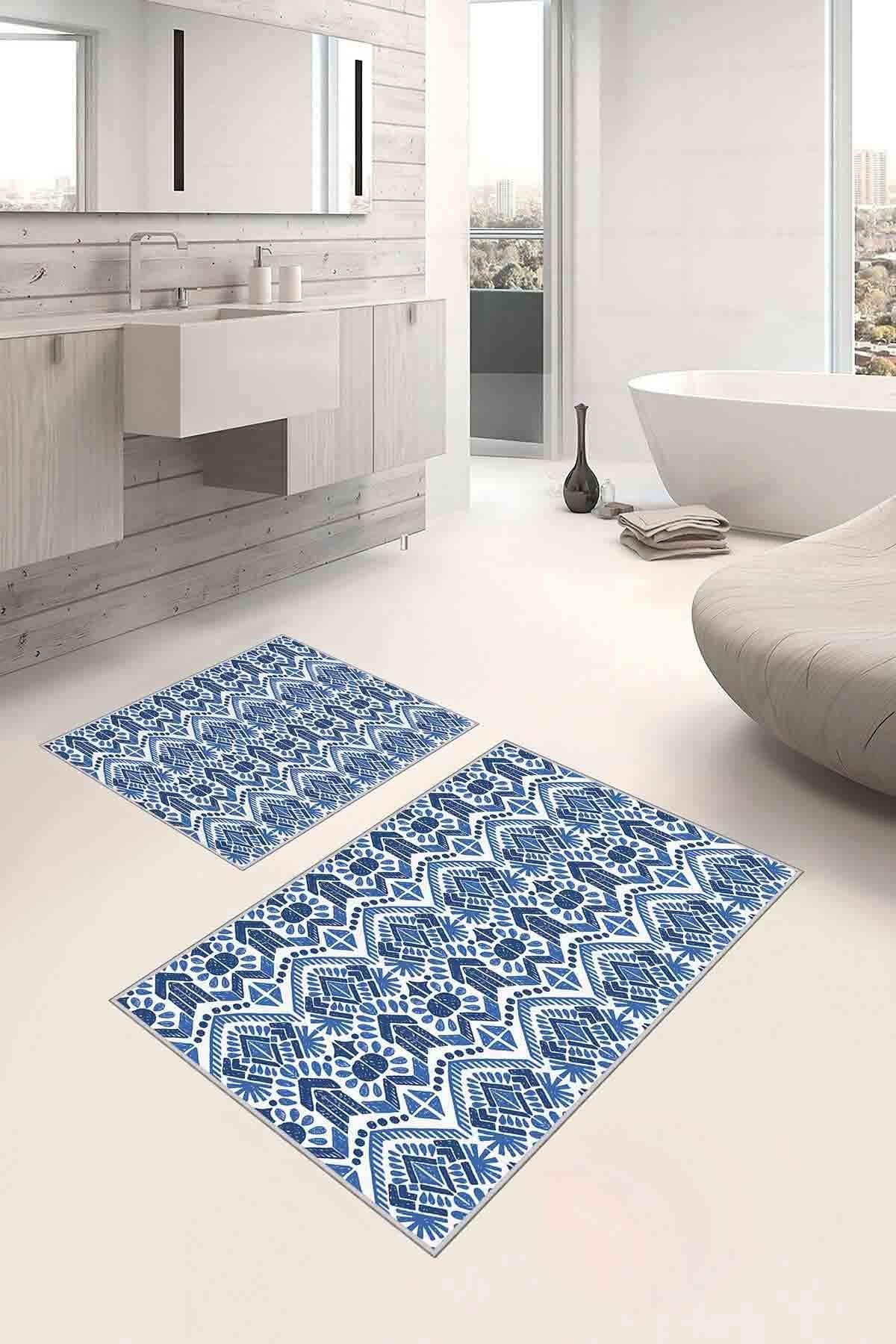 Dekoratif Kaymaz Tabanlı İnce Seramik Desenli Beyaz Mavi Yıkanabilir 2 Li  Banyo Paspas Takımı 2LİPBNY200