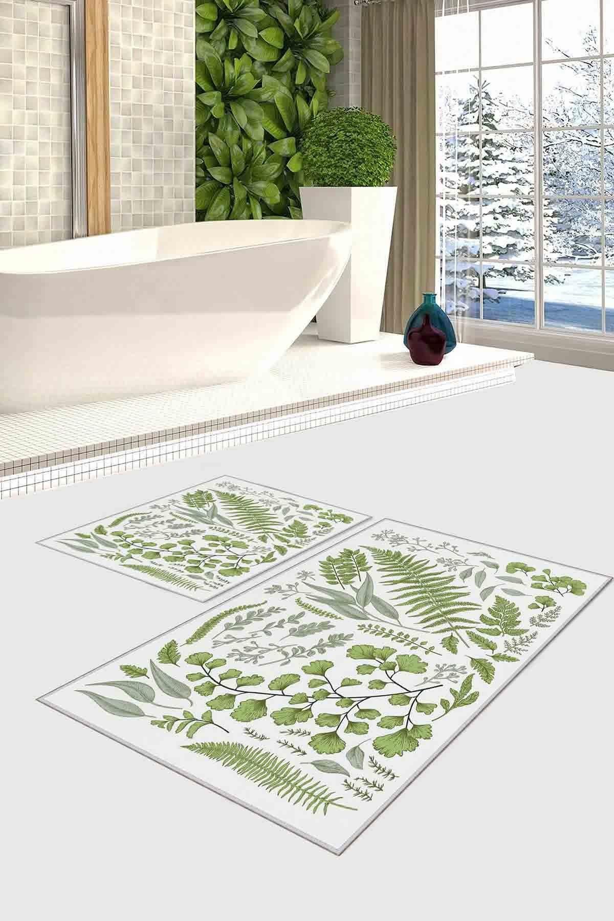 Dekoratif Kaymaz Tabanlı İnce Yaprak Desenli Yeşil Beyaz Yıkanabilir 2 Li  Banyo Paspas Takımı 2LİPBNY203