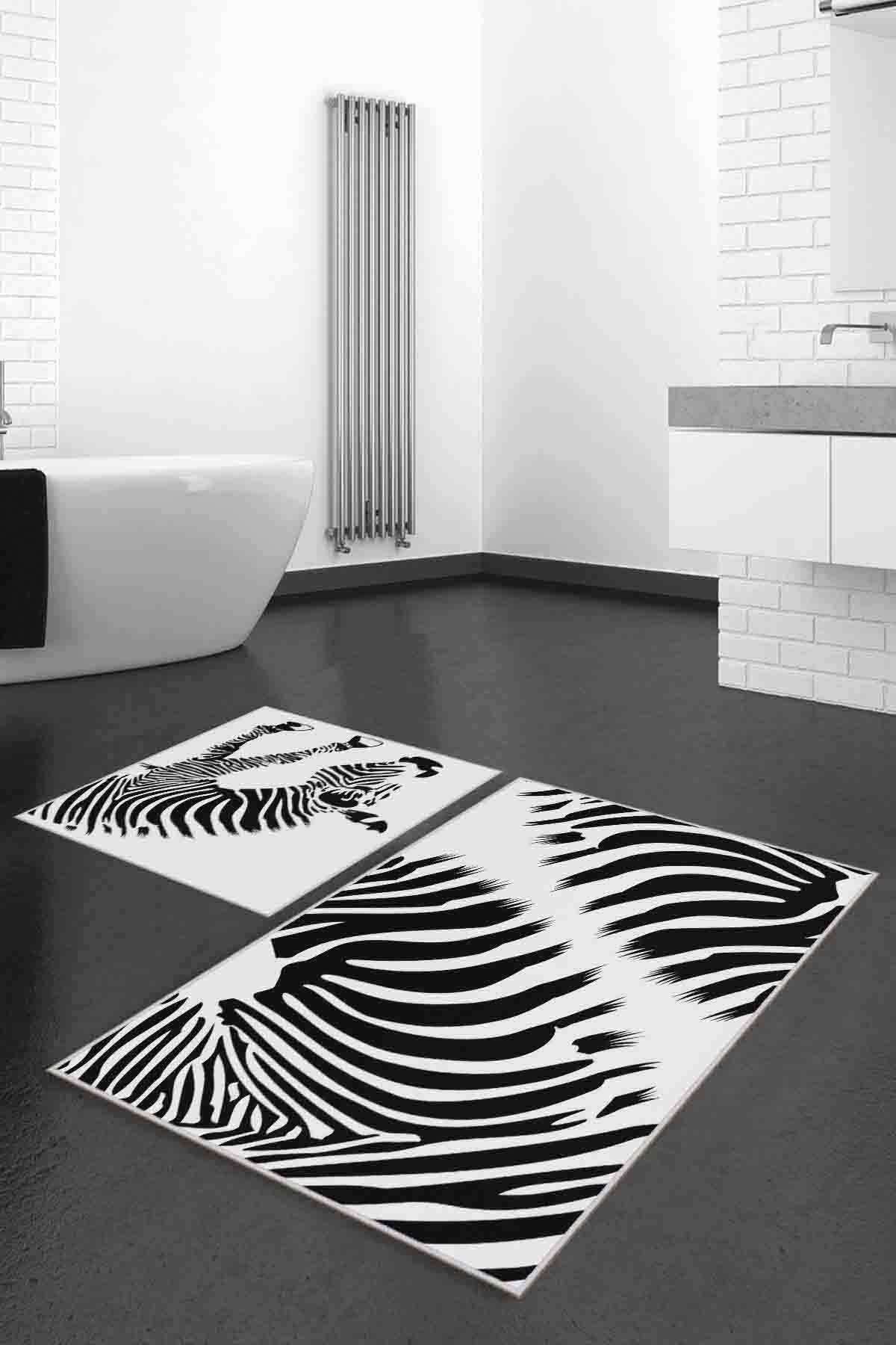 Dekoratif Kaymaz Tabanlı İnce Zebra Desenli Siyah Beyaz Yıkanabilir 2 Li Banyo  Paspas Takımı 2LİPBNY123