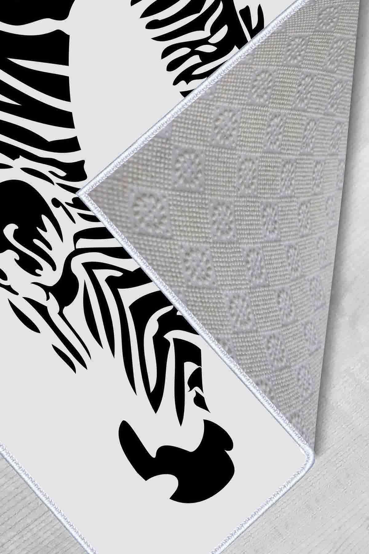 Dekoratif Kaymaz Tabanlı İnce Zebra Desenli Siyah Beyaz Yıkanabilir 2 Li Banyo  Paspas Takımı 2LİPBNY123