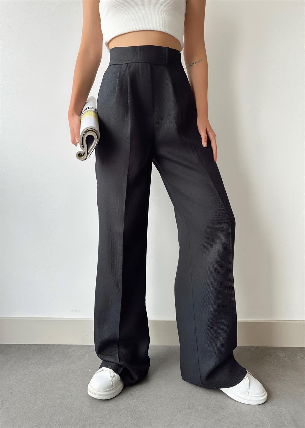 Yüksek Bel Cırtlı Ayarlanabilir Bel Pileli Bol Paça Kadın Palazzo Siyah  Pantolon