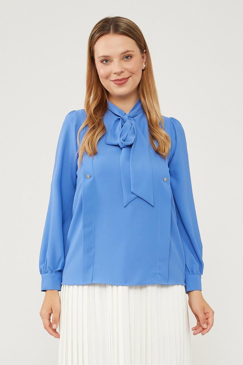 İndigo Kendinden Fular Bağlamalı Şifon Bluz - Levidor