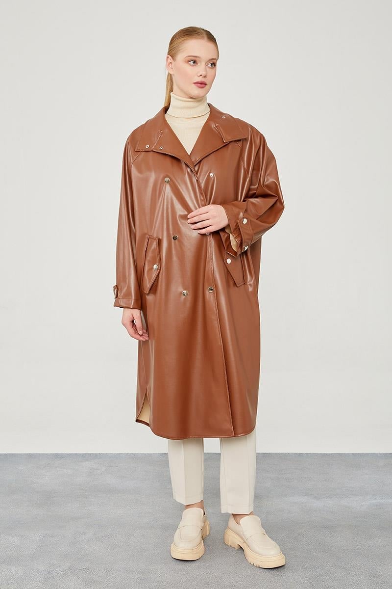 Taba Oversize Suni Deri Trençkot - Levidor