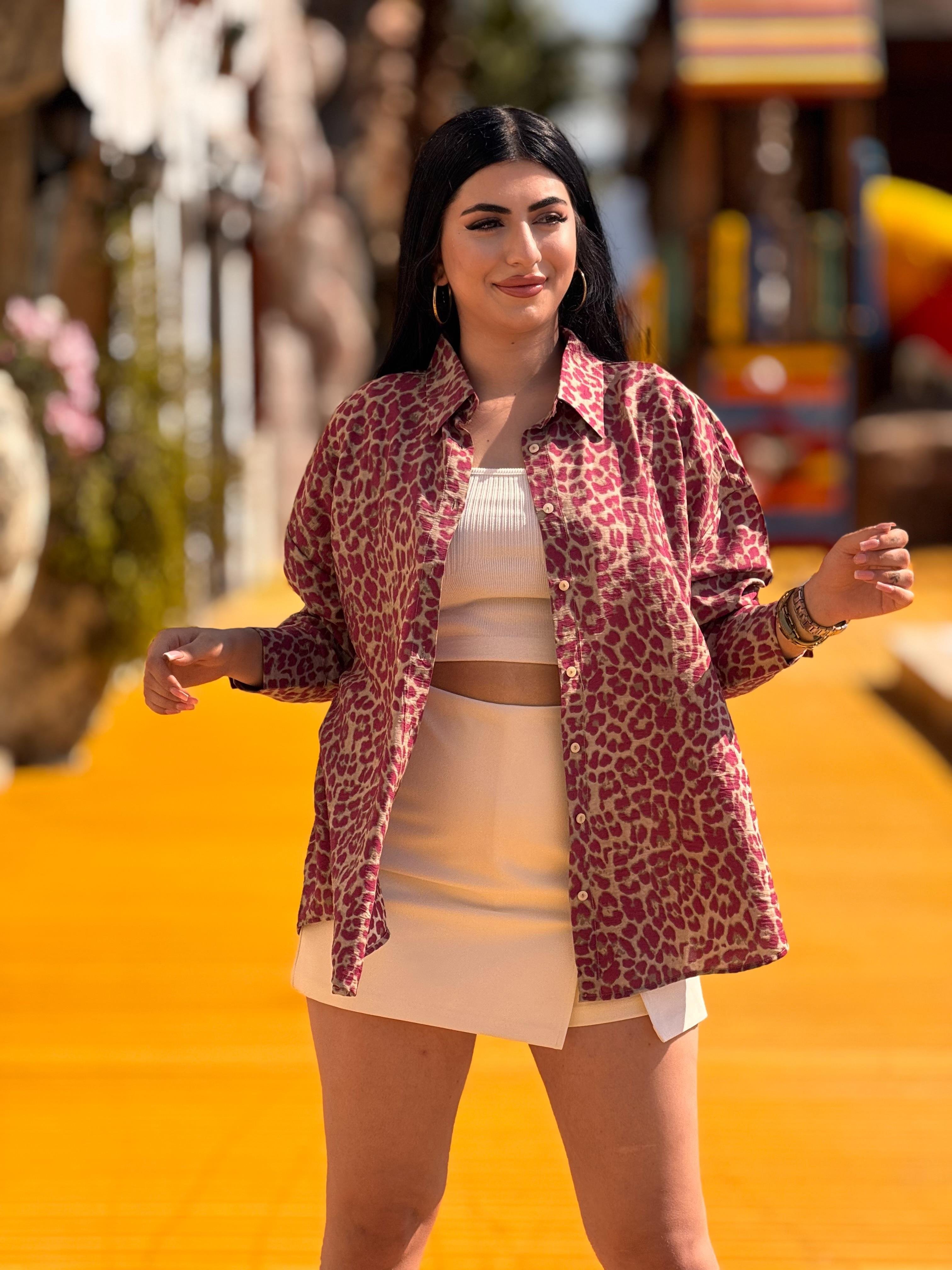 Leopar Oversize Gömlek Bordo