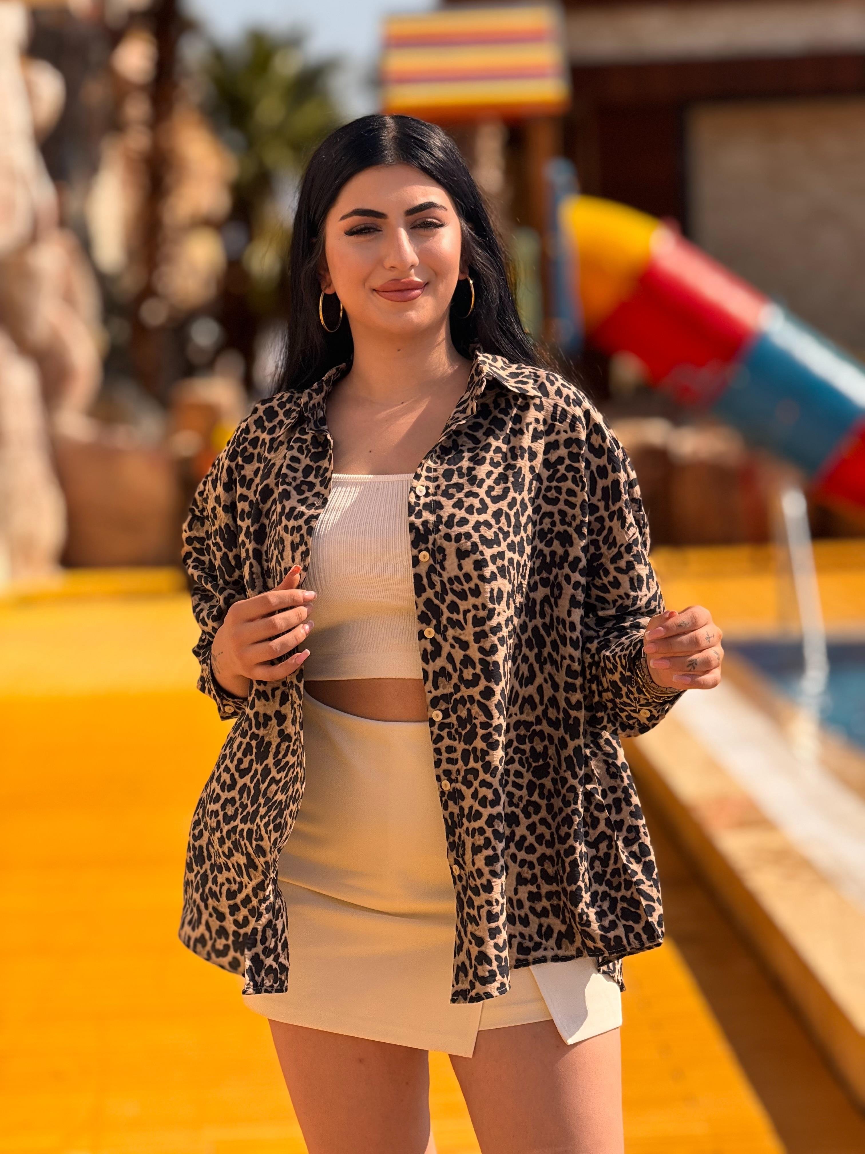 Leopar Oversize Siyah Gömlek