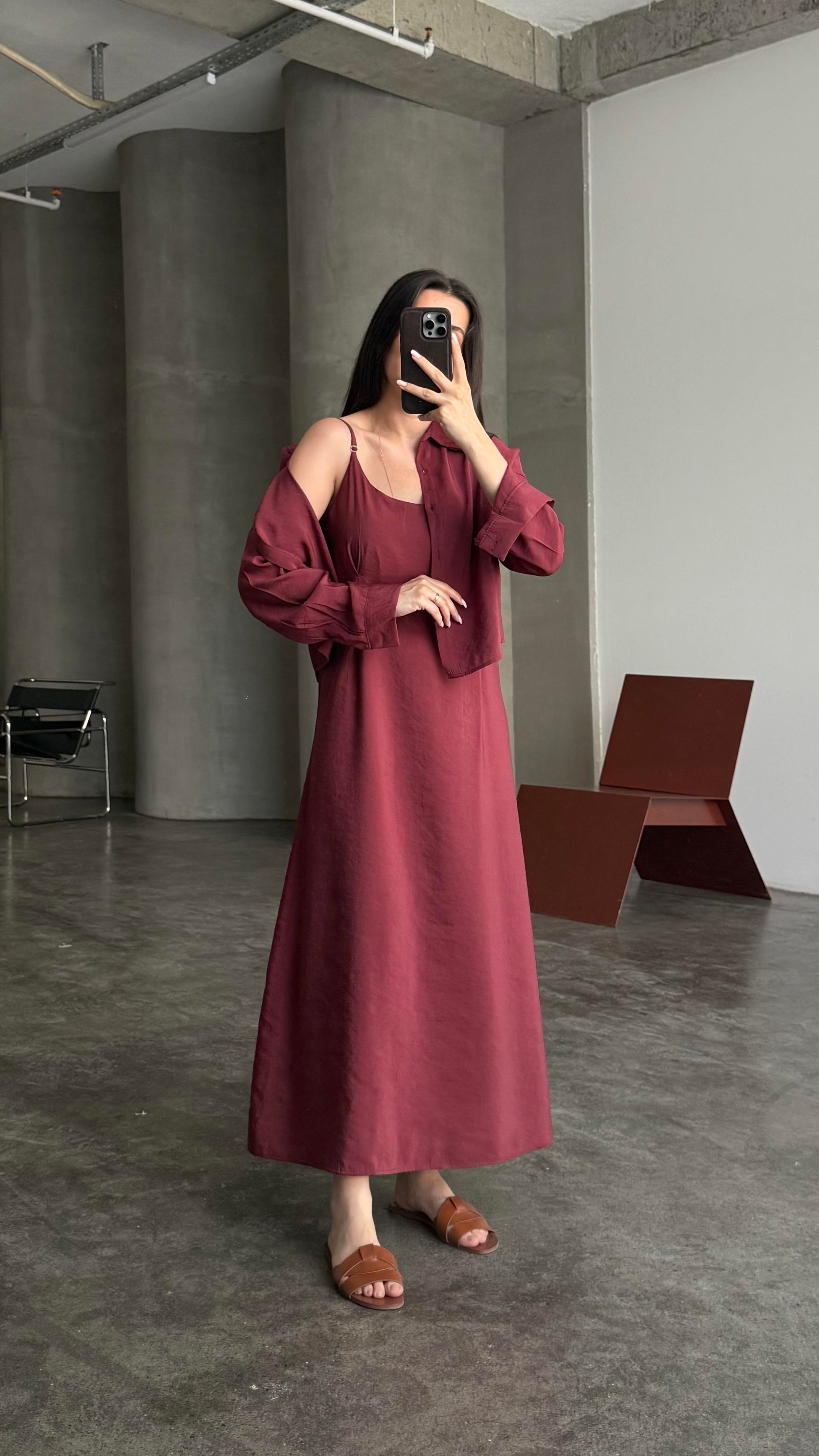 Bordo Gömlekli İp Askılı Elbise Tensel Takım
