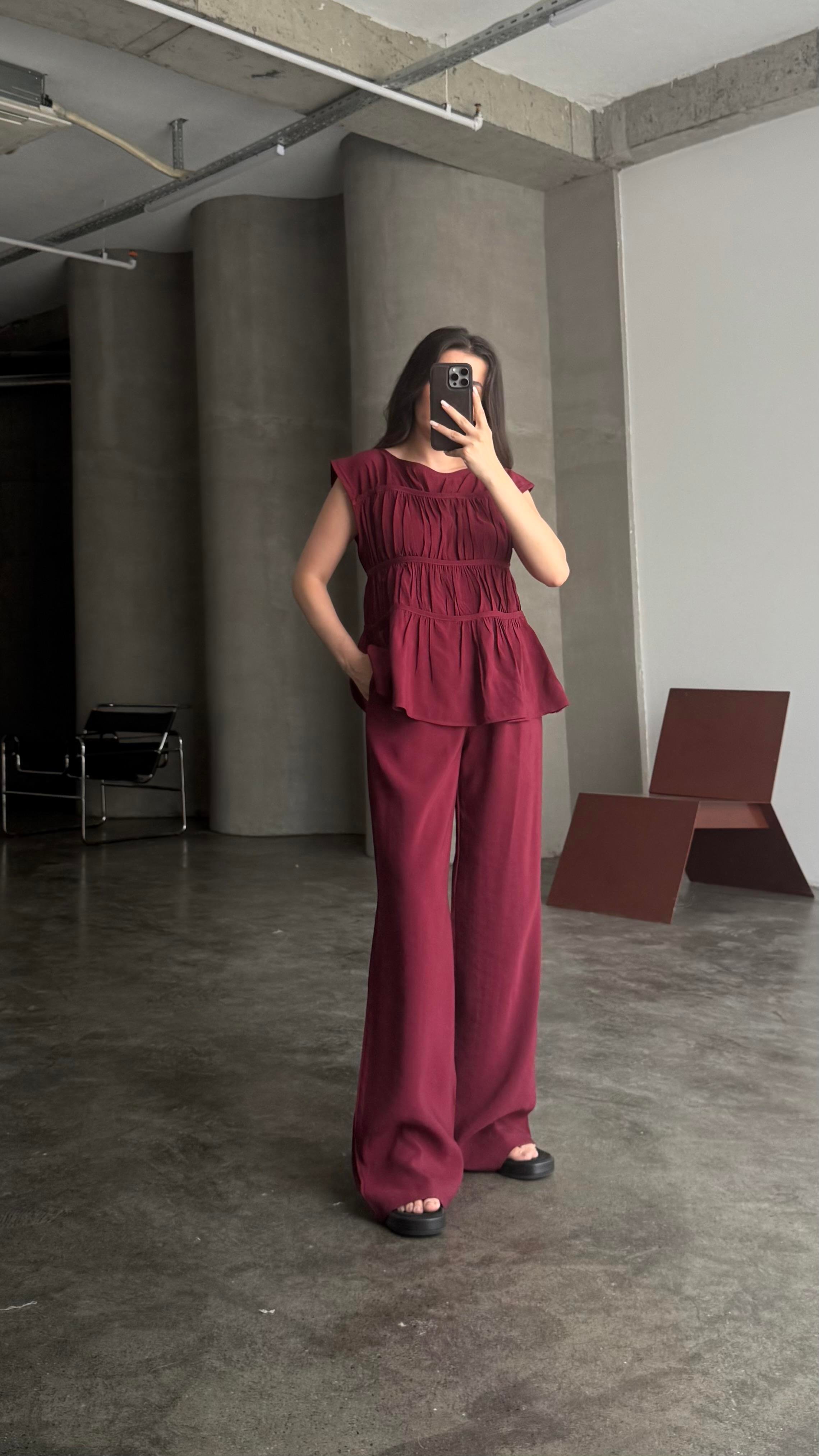 FOW Bordo Tensel Nervürlü Bluz Pantolon Takım