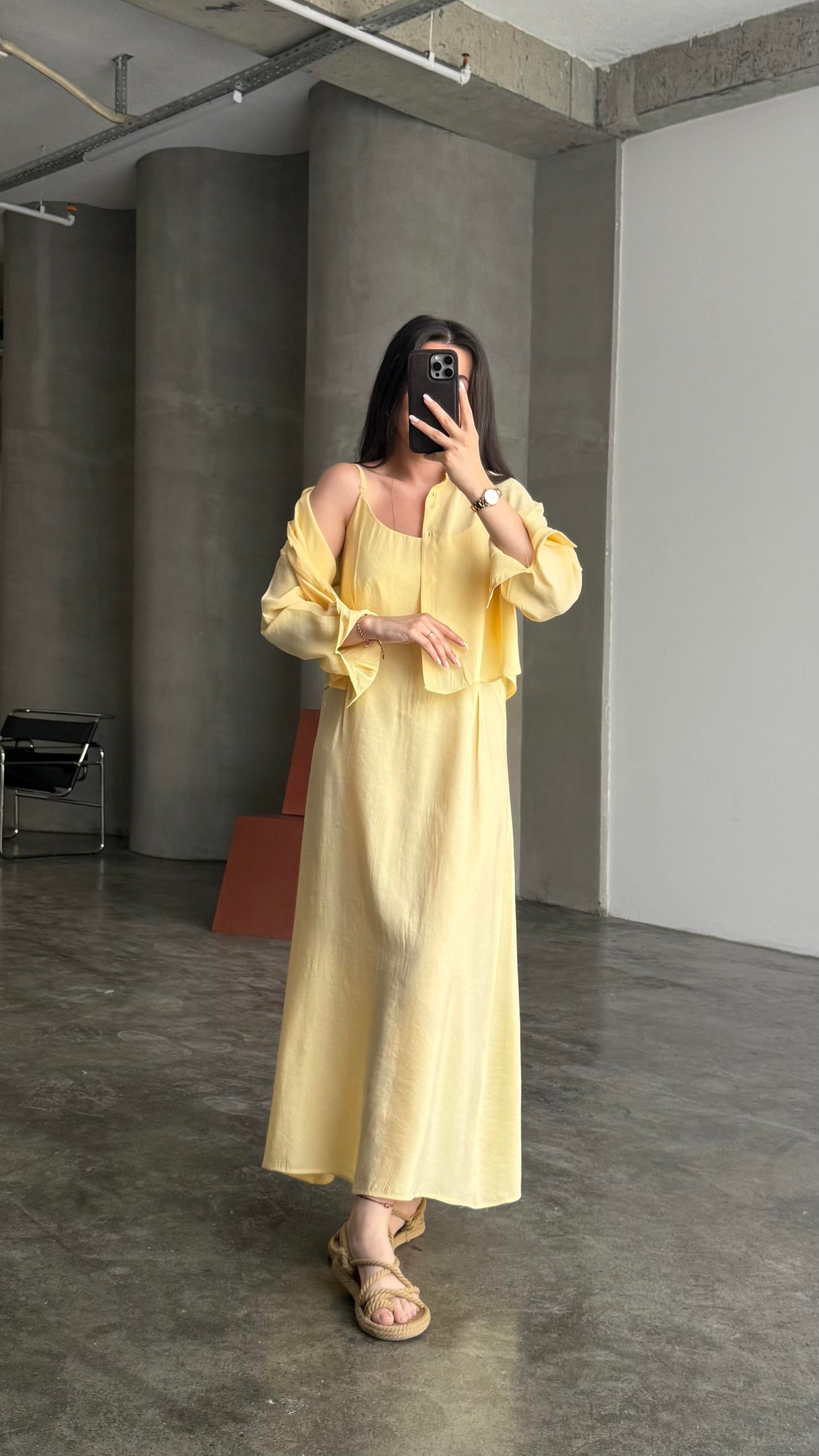 Soft Sarı Gömlekli İp Askılı Elbise Tensel Takım