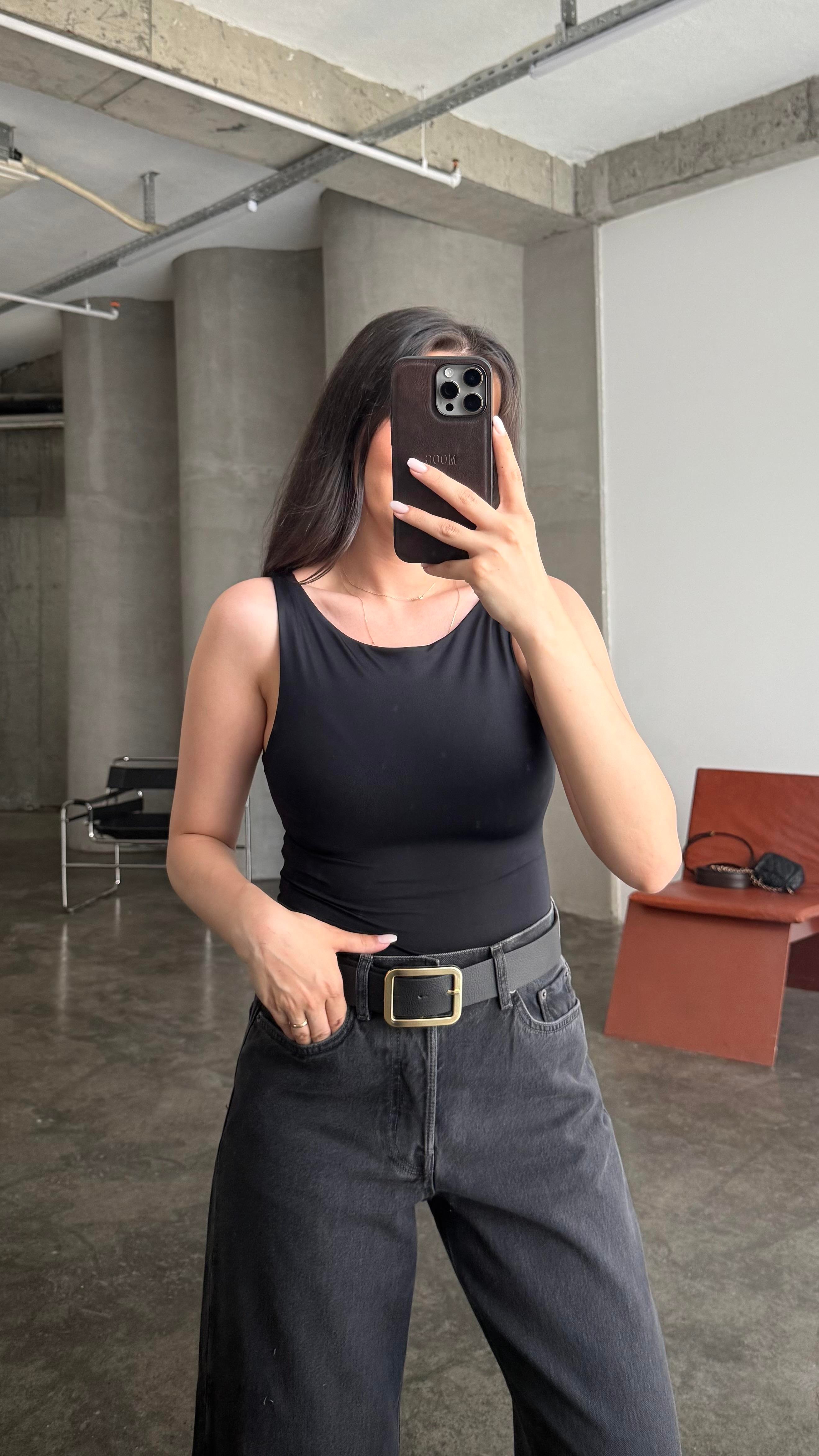 Star Siyah Geniş Yaka Body Suit
