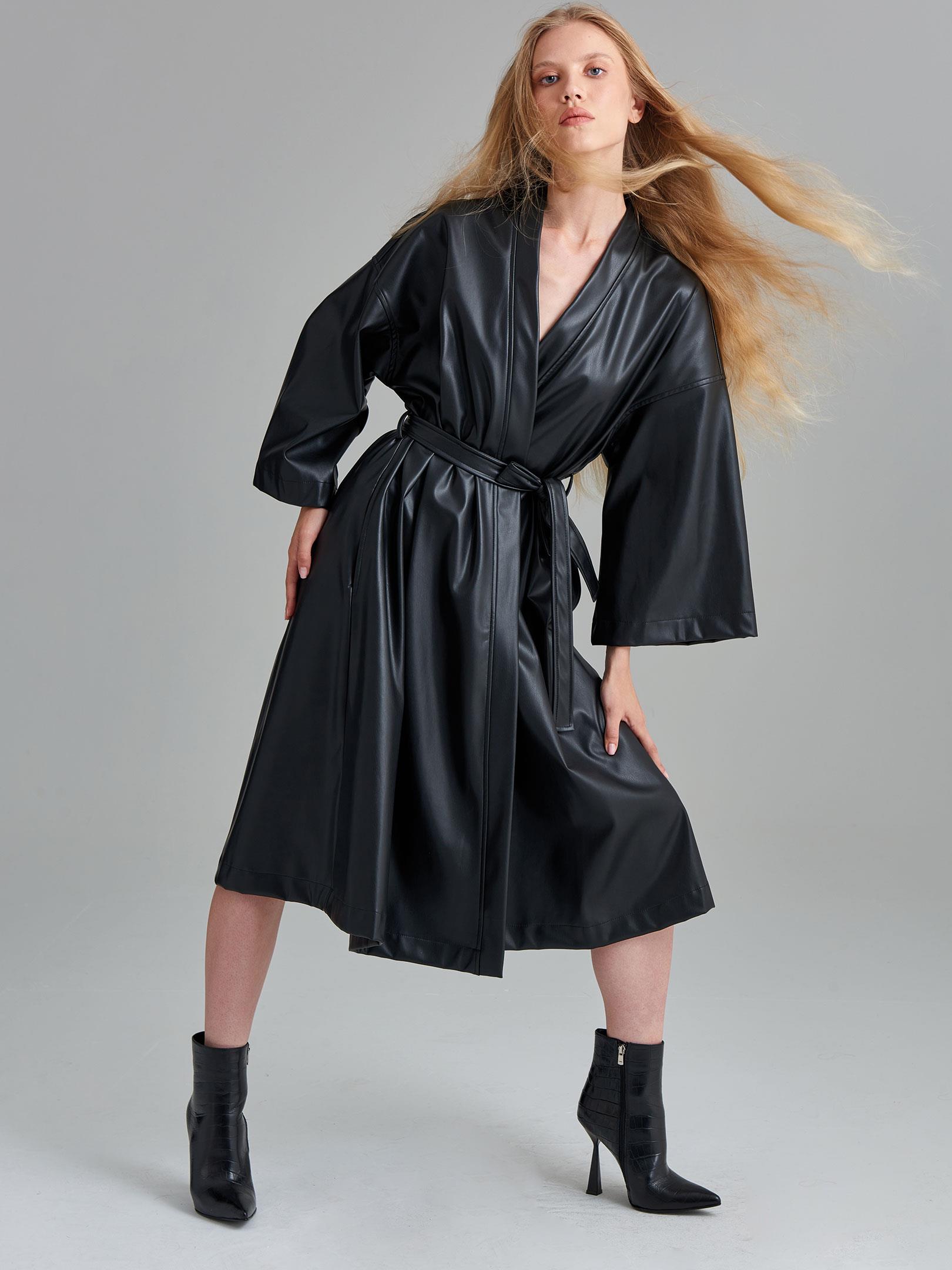 Belted Vegan Leather Long Kimono - Black - Rivus Belted Vegan Leather Long Kimono - Black - Rivus