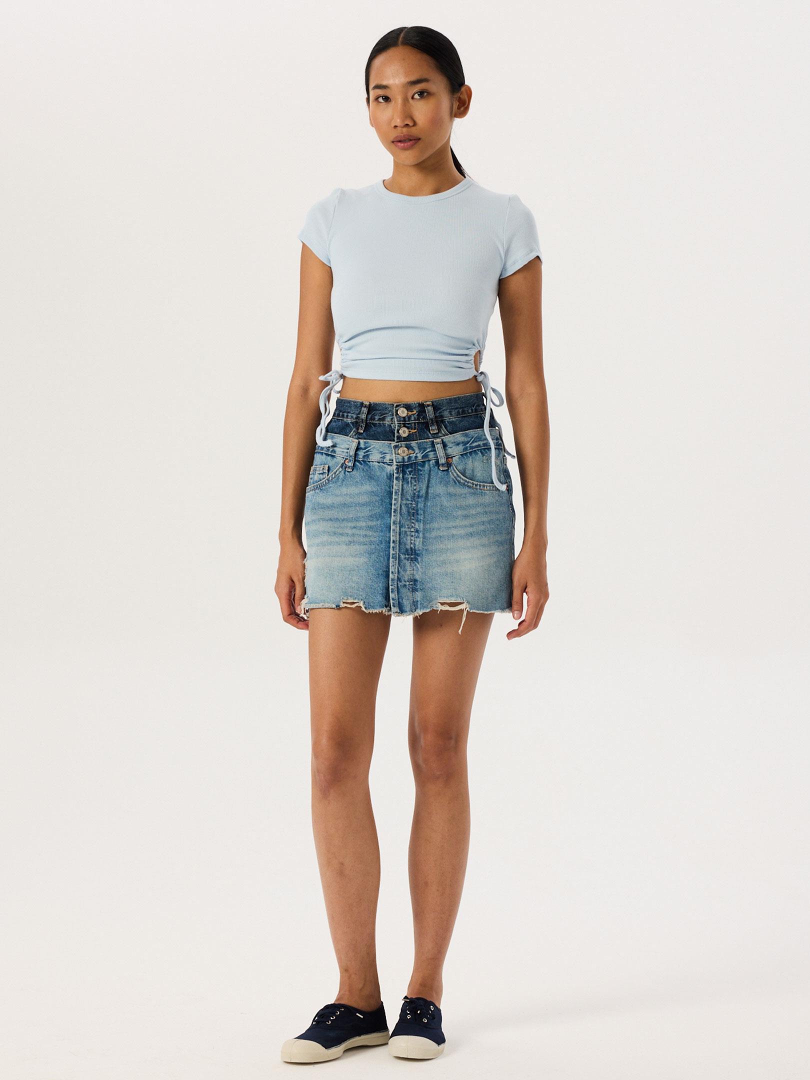 Double Waist Detail Denim Skirt - Indigo - Rivus Double Waist Detail Denim Skirt - Indigo - Rivus