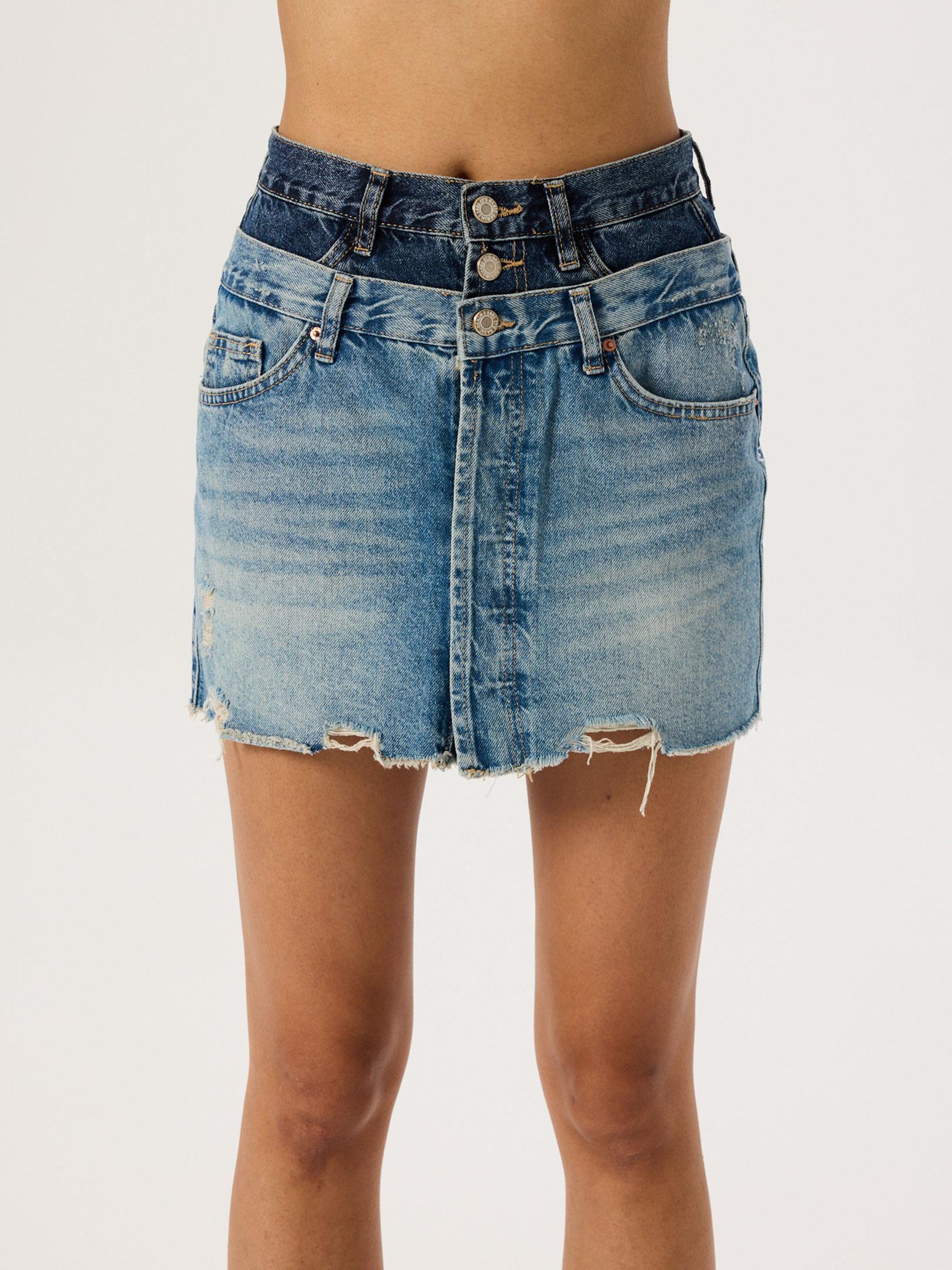 Double Waist Detail Denim Skirt - Indigo - Rivus Double Waist Detail Denim Skirt - Indigo - Rivus