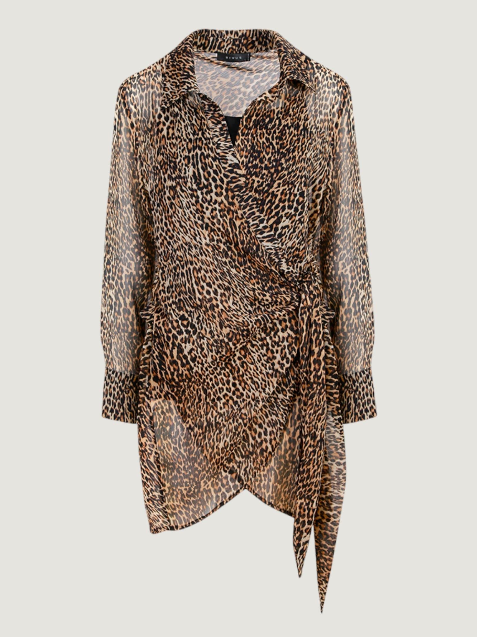 公式【1JINN STUDIO】 Leopard Print Chiffon Dress Leopard Print Chiffon Dress with Knot Detail - Leopard - Rivus