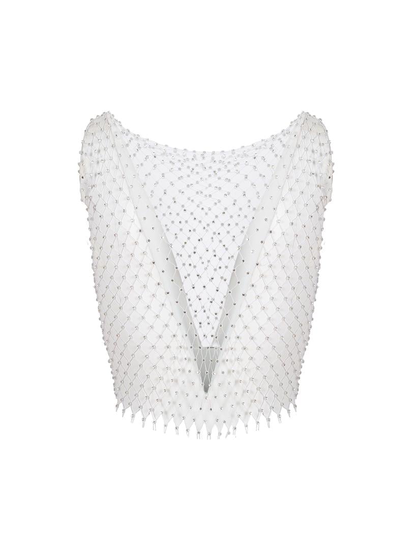 Bevza Pearl Beaded Crop Top in White