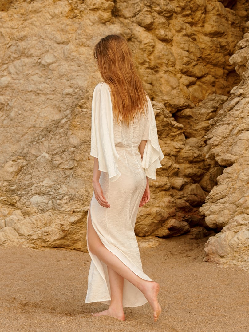 V Neck Maxi Dress With Arm Slit Ecru
