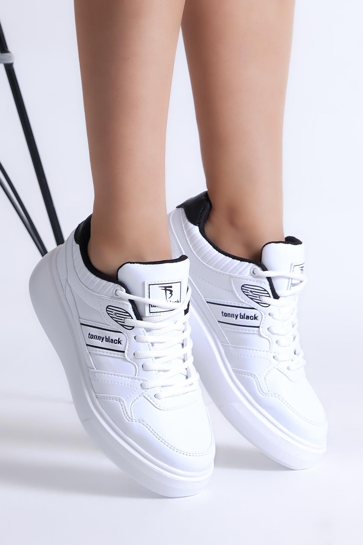 Kadın Beyaz Siyah Poli Taban Yanı Şeritli Bağcıklı Sneaker | Tonny Black