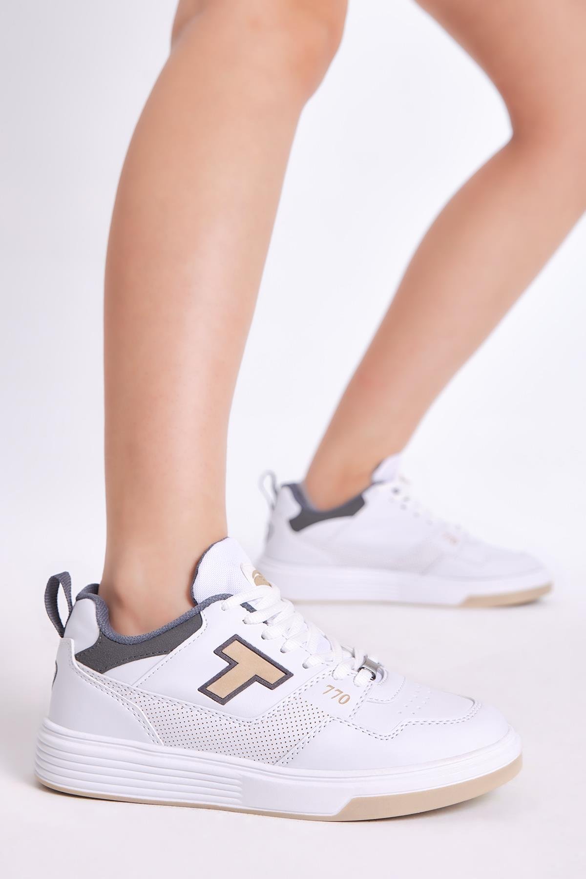 Unisex Beyaz Bej Rahat Kalıp Poli Taban Bağcıklı Sneaker | Tonny Black